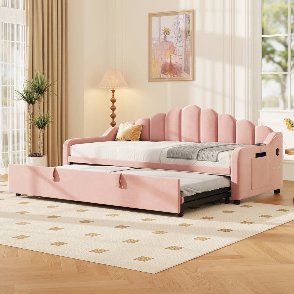 3ft Single Daybed with Pull-out Trundle, Velvet Upholstered Sofa Bed with Side Charging Station & Storage Pockets, Chic Fluted Scalloped Backrest, Pink (No Mattress)