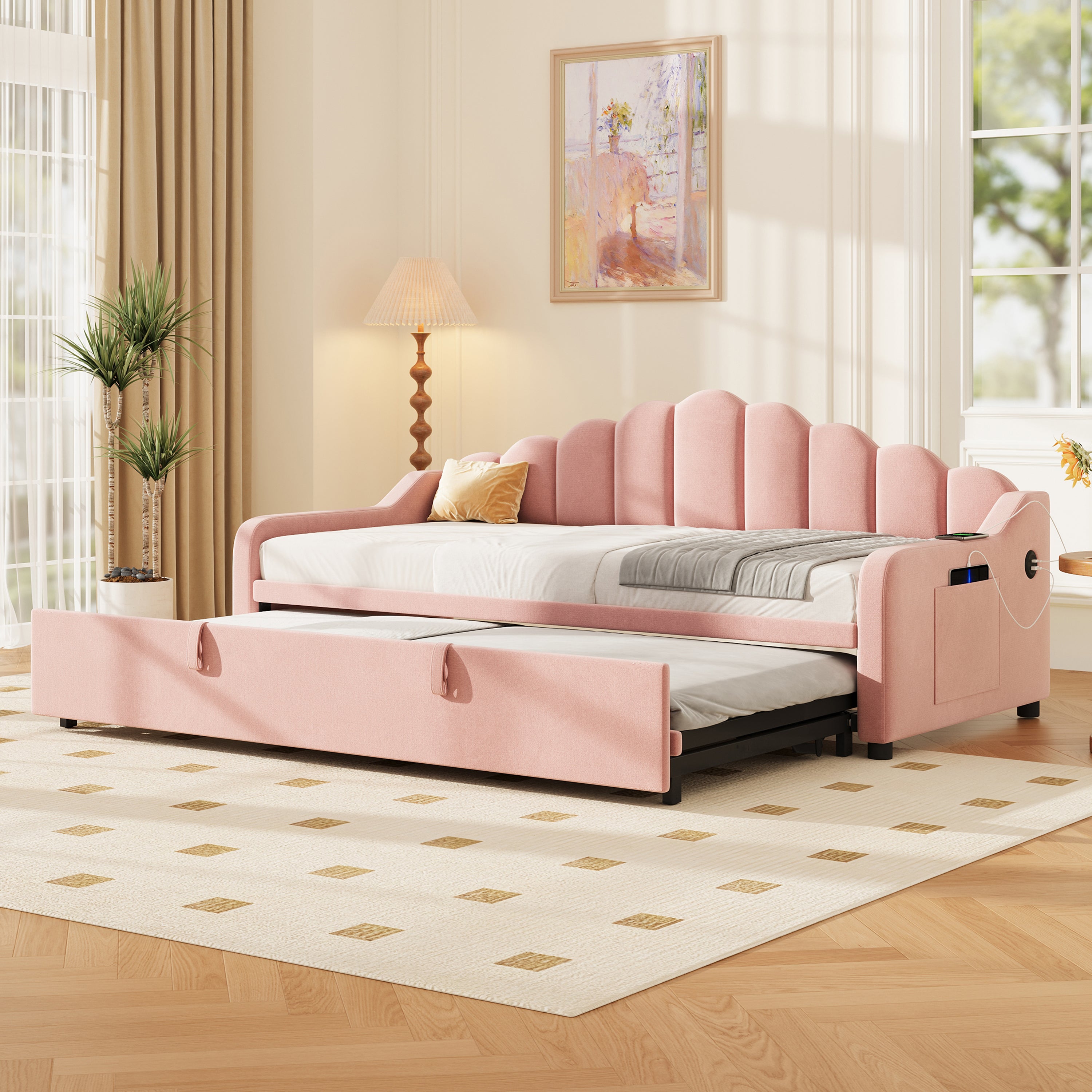 3ft Single Daybed with Pull-out Trundle, Velvet Upholstered Sofa Bed with Side Charging Station & Storage Pockets, Chic Fluted Scalloped Backrest, Pink (No Mattress)