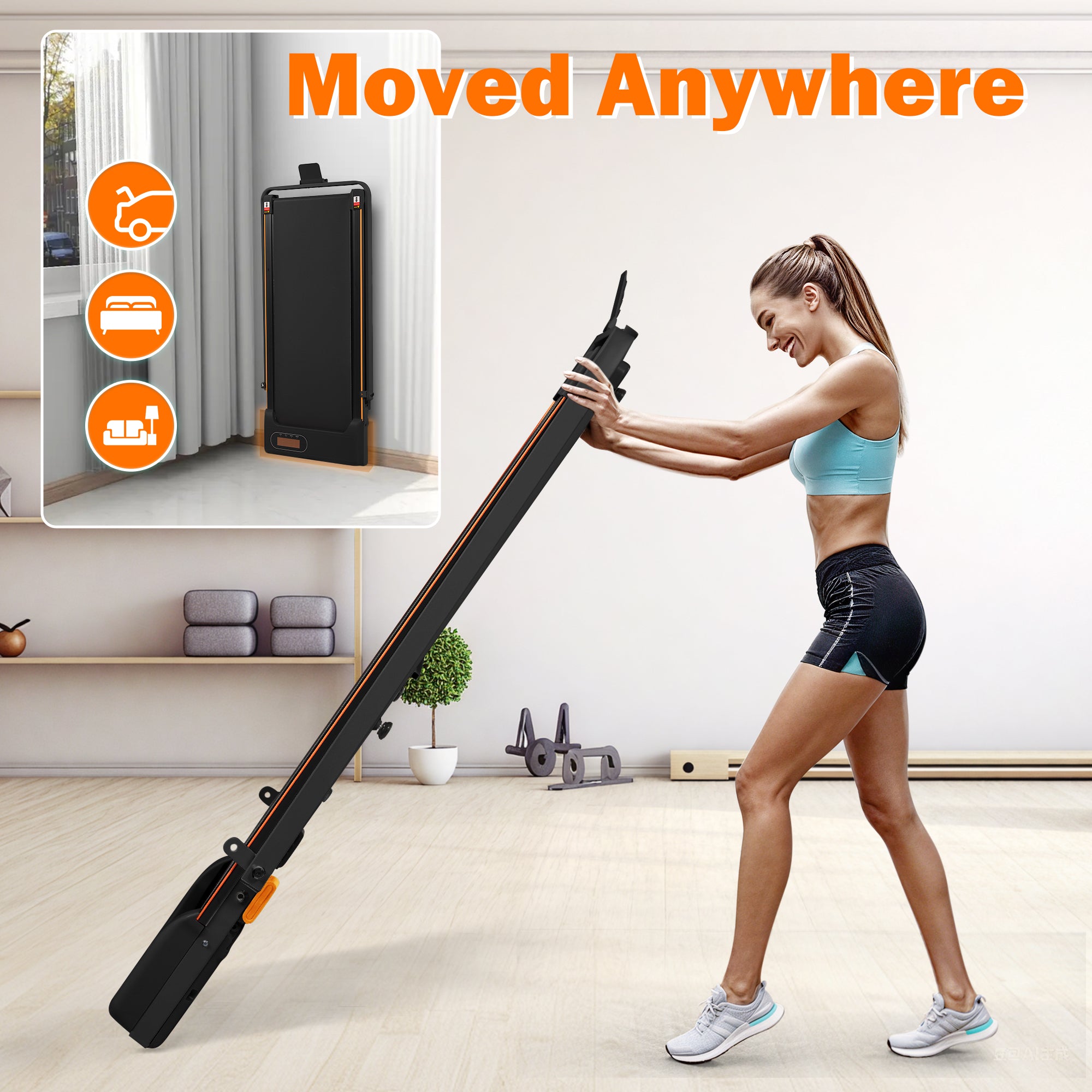 Folding Treadmill with Handrail & Adjustable Incline, 1-10 km/h Running Machine, Space Saving Low Noise Design, LED Display, Phone Holder, Remote Control, Transport Wheels & Plug, Black.