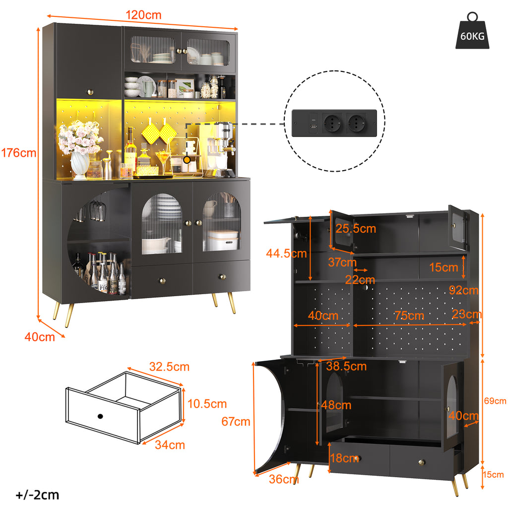 Tall Kitchen Cabinet with LED Lights & USB Ports, Modern Sideboard Storage Cabinet with Power Outlets, Perforated Wall, Drawer & Glass Shelves, for Kitchen & Living Room, 120x40x176 cm, Black