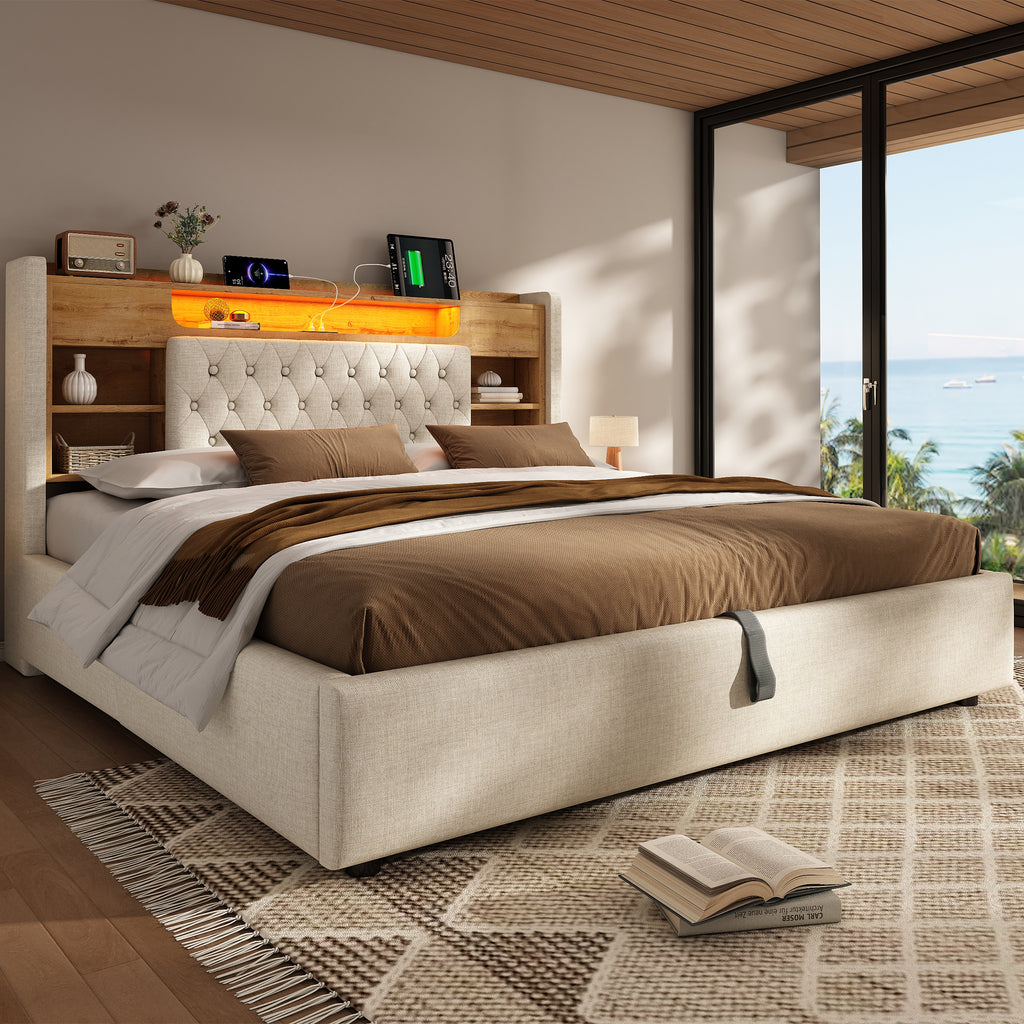 6ft Super King Bed with Hydraulic Storage, Upholstered Bed Frame with LED Lighting & Charging Station, Storage Headboard for Cellphones & Tablets, 180 x 200 cm, Linen, Beige (No Mattress)