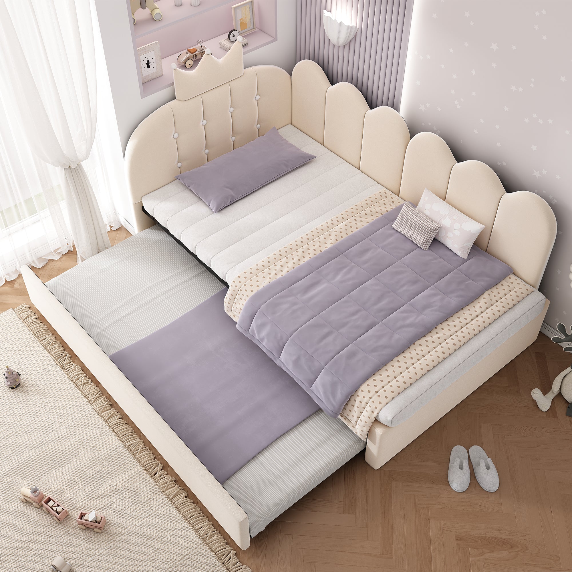 Upholstered Daybed with Pull-Out Bed, Crown-shaped Trundle Bed, 3FT Single Sofa Bed 90 x 190 cm, Guest Beds for Adults & Children, Bed with Metal Slatted Frame, Velvet, Beige (No Mattress)