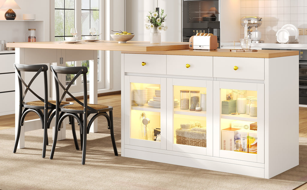 Extendable Kitchen Island with LED Lights, 120-200cm Adjustable Dining Table with Storage, 3 Drawers & Glass Cabinets, White/Black
