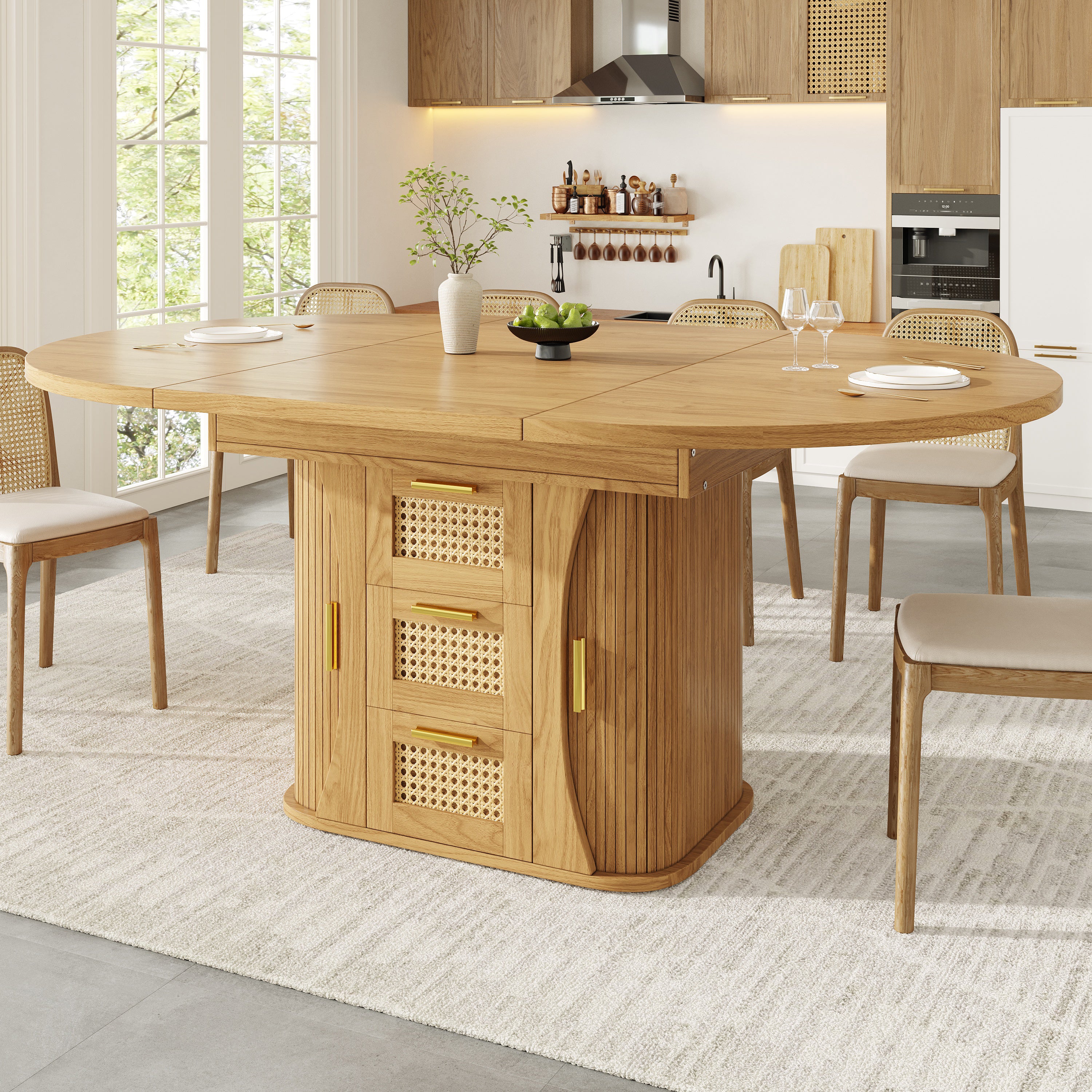 Extendable dining table with storage, 118–158cm table with rattan drawers, MDF wood look, black / natural wood / oak look