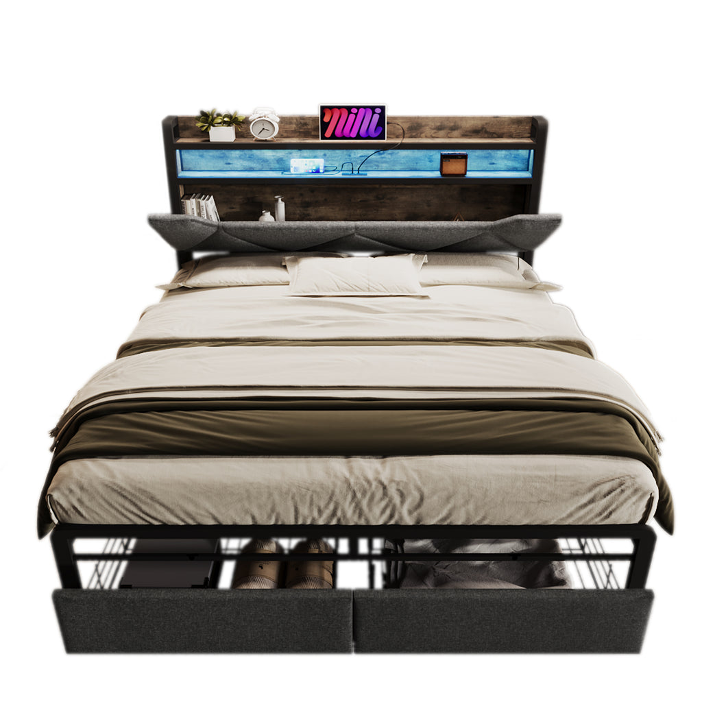Upholstered Double Bed with LED Lighting, USB Type-C Charging Function, Storage Headboard and Drawers, 4ft6 Double Bed 135 x 190 cm, Storage Bed Frame with Metal Slatted Frame,Linen, Grey(No Mattress)