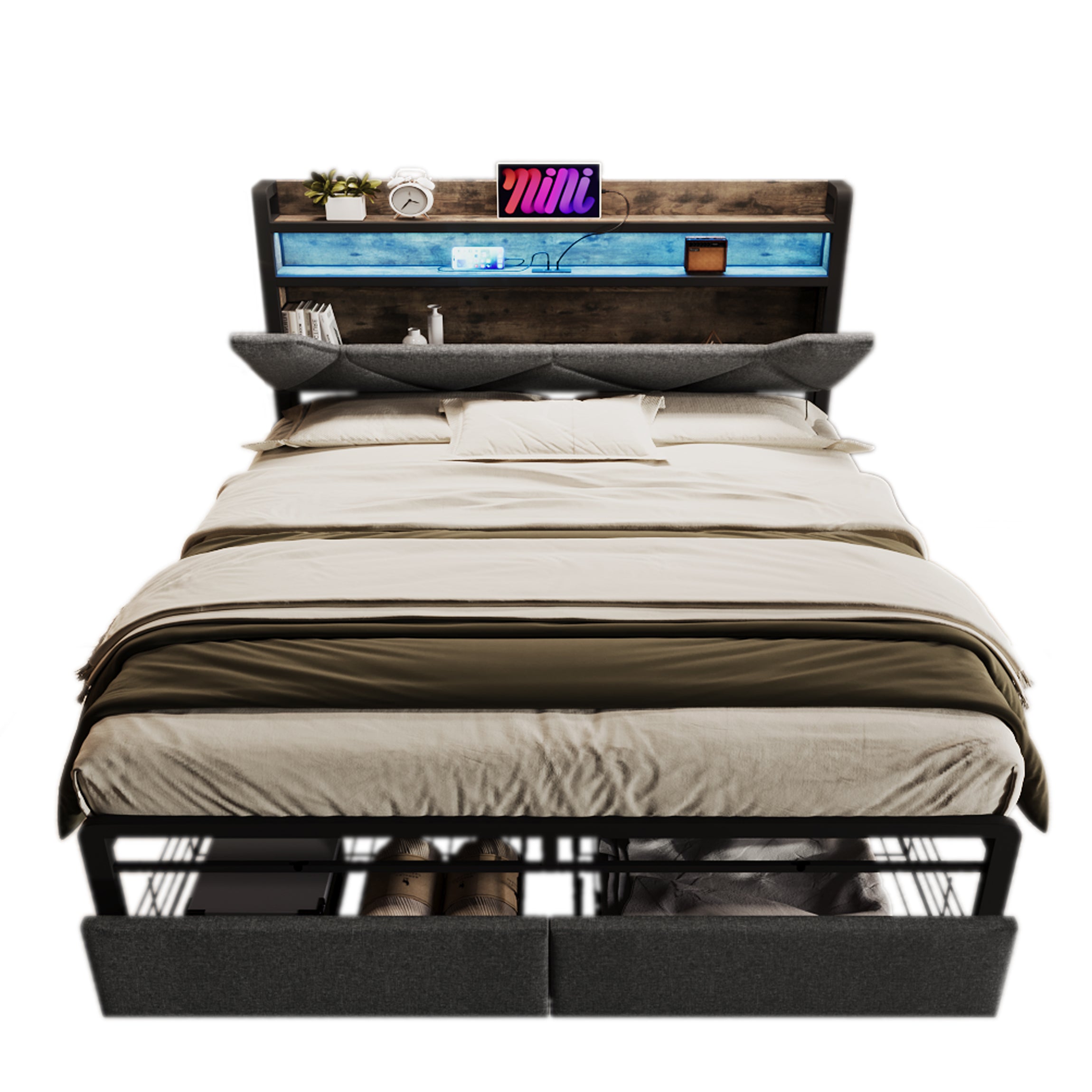 Upholstered Double Bed with LED Lighting, USB Type-C Charging Function, Storage Headboard and Drawers, 4ft6 Double Bed 135 x 190 cm, Storage Bed Frame with Metal Slatted Frame,Linen, Grey(No Mattress)