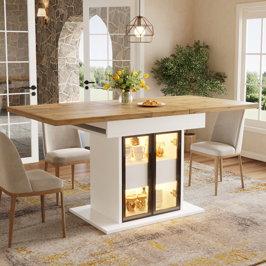 Extendable dining table with storage space & RGB LED lighting, 110–140cm, glass sliding doors & concealed push handles, white/black