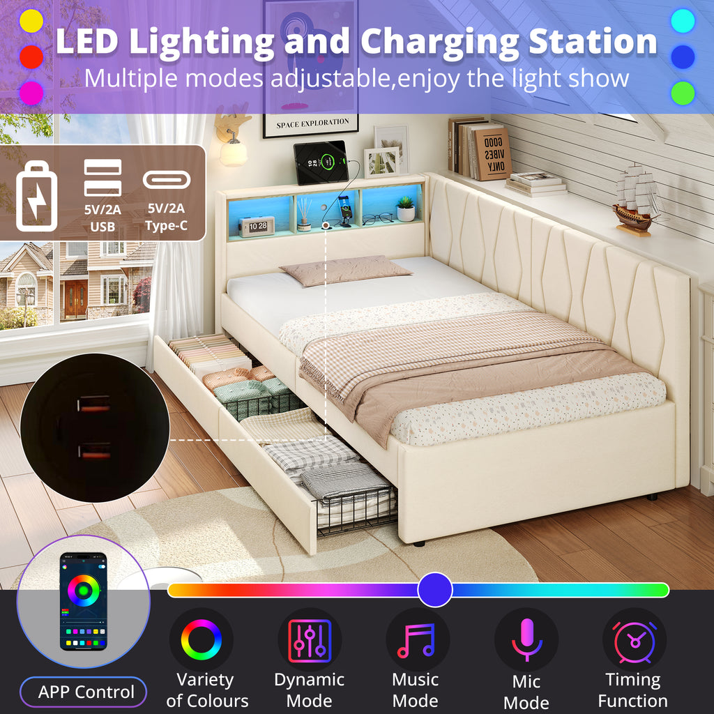 3ft Single Daybed with Two Storage Drawers, LED Modern Bed frame with Charging Station, Linen Sofa Bed for Living Room/ Bedroom/ Study Room, 90X190cm, Easy Assembly, Beige (No Mattress)