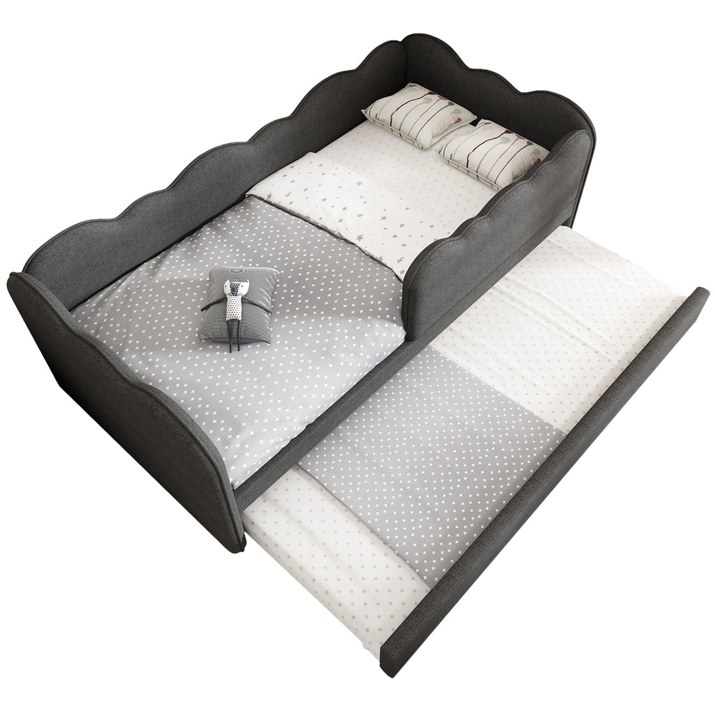 Upholstered Bed Daybed 90 x 190 cm, 3FT Single Bed with Pull out Trundle, Sofa Bed For Adults and Children, Single Daybed With Slatted Frame, Linen, Grey (No Mattress)