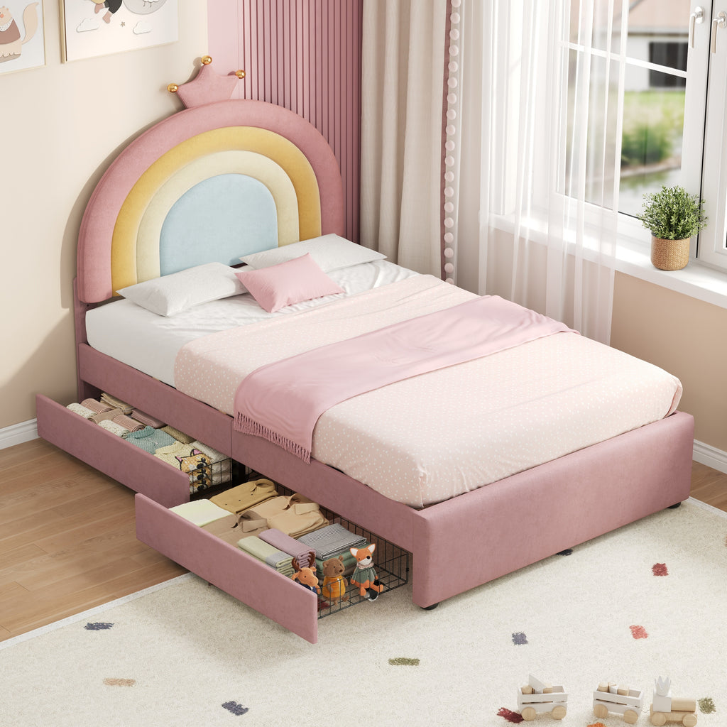 3ft Single Upholstered Bed with Adjustable Rainbow Crown Headboard, Soft Velvet Bed Frame with Flexible Storage Drawers, No Box Spring Needed, Pink (No Mattress)