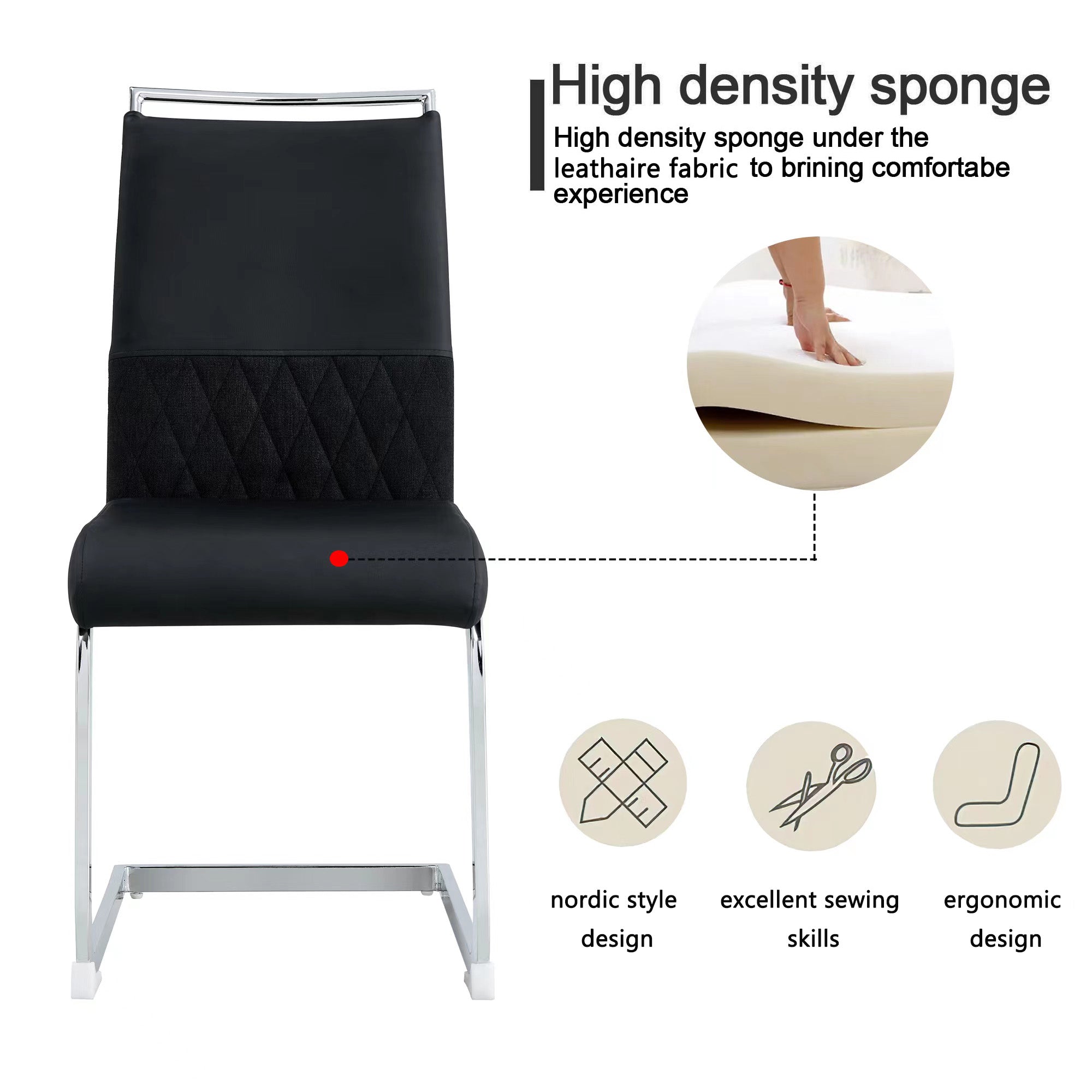 Modern dining chairs set of 2, backrest made of PU faux leather and linen, high back padded side chair, horizontal stripes backrest design for dining room, kitchen, guest office chair, black