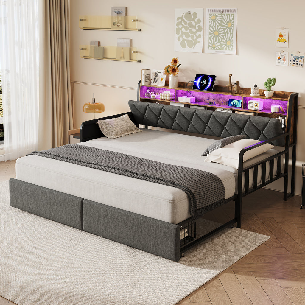 3ft Single Daybed with Pull-out Trundle and Storage Drawer, Walnut Wood Sofa Bed with LED Lighting and Charging Station, Concealed Headboard Storage, Reversible Side Pocket, Linen, Grey (No Mattress)