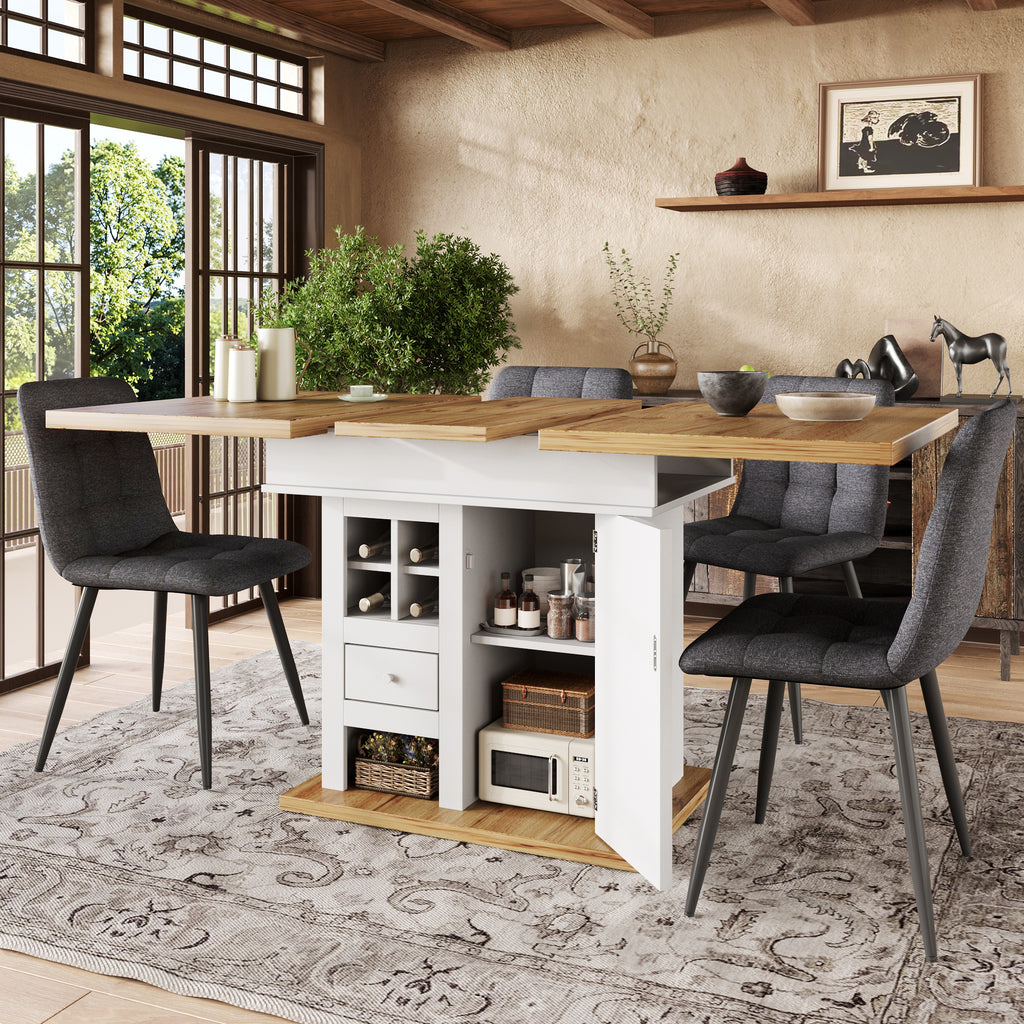 Telescopic dining table (110-140×80cm), foldable kitchen table for 4-6 people, extendable dining table, space-saving kitchen table, for kitchen and living room, dining table with wine rack and drawers