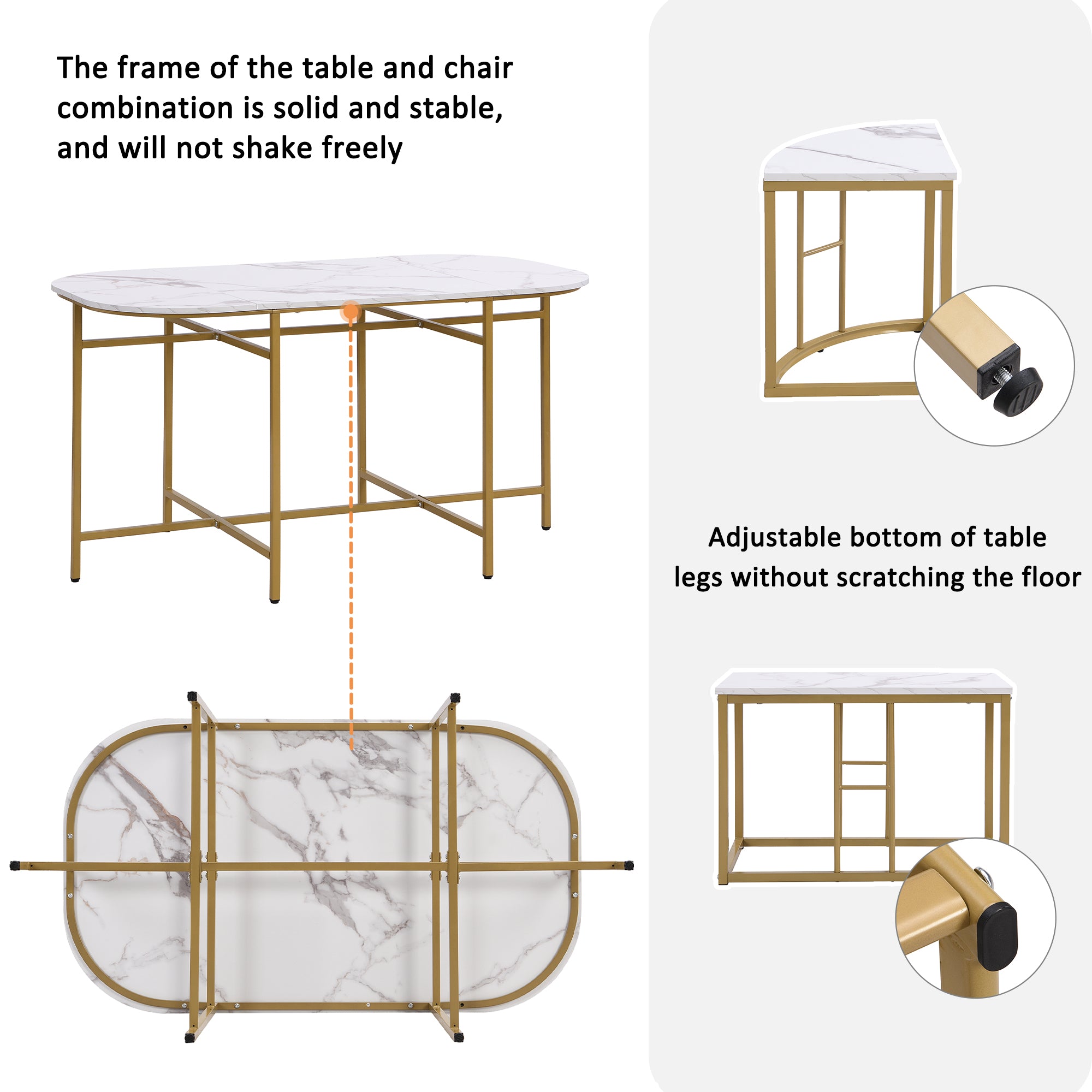 Dining room table set with six chairs, Dining group with white MDF seat cushions and gold-plated iron frames, Modern luxury tables and chairs