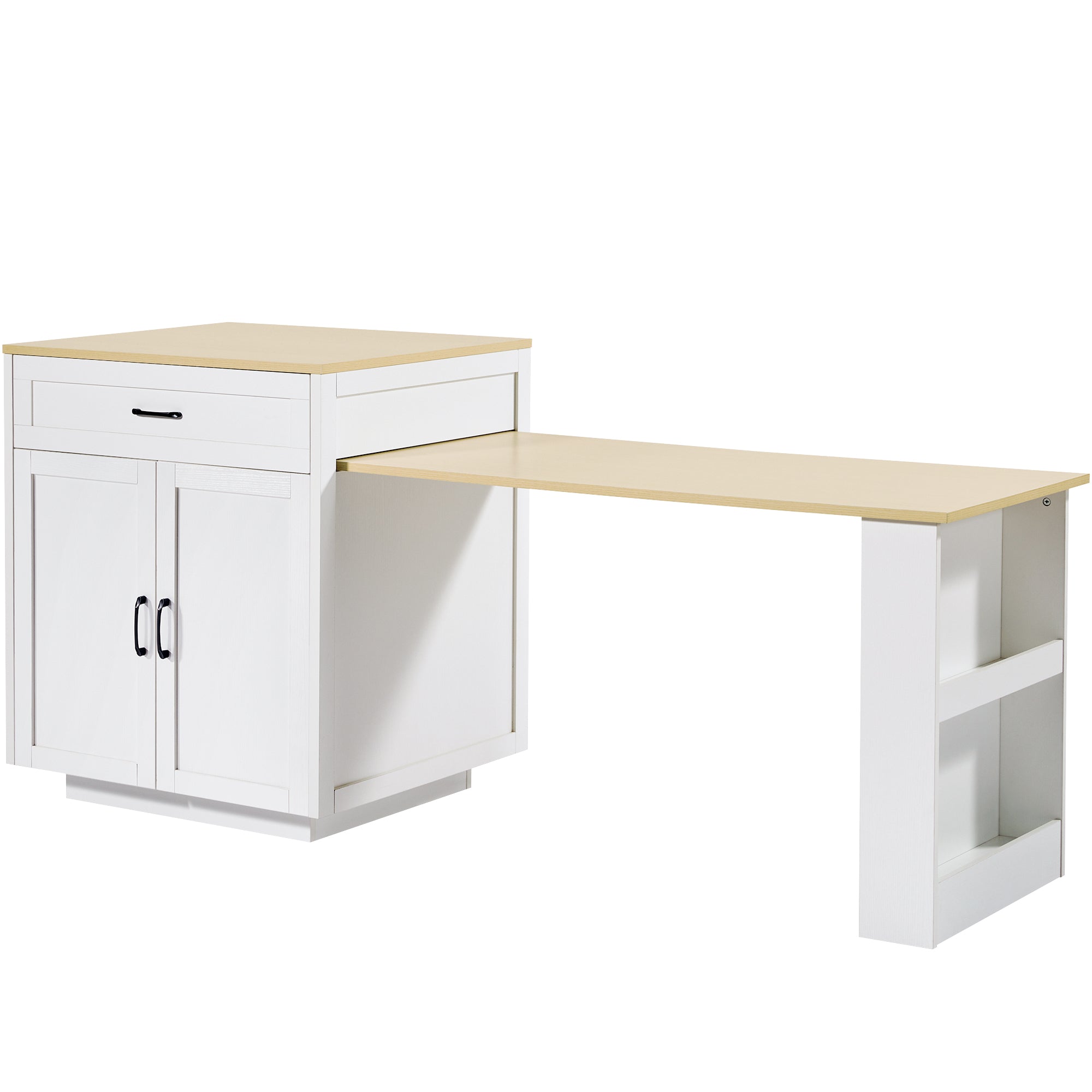 Extendable Bar Table with Storage (133–202 × 70 × 93.5 cm), with 2 Drawers and 2 Compartments, Expandable Kitchen Island Table for 2–6 People, Kitchen Dining Cart with Side Shelves, White.