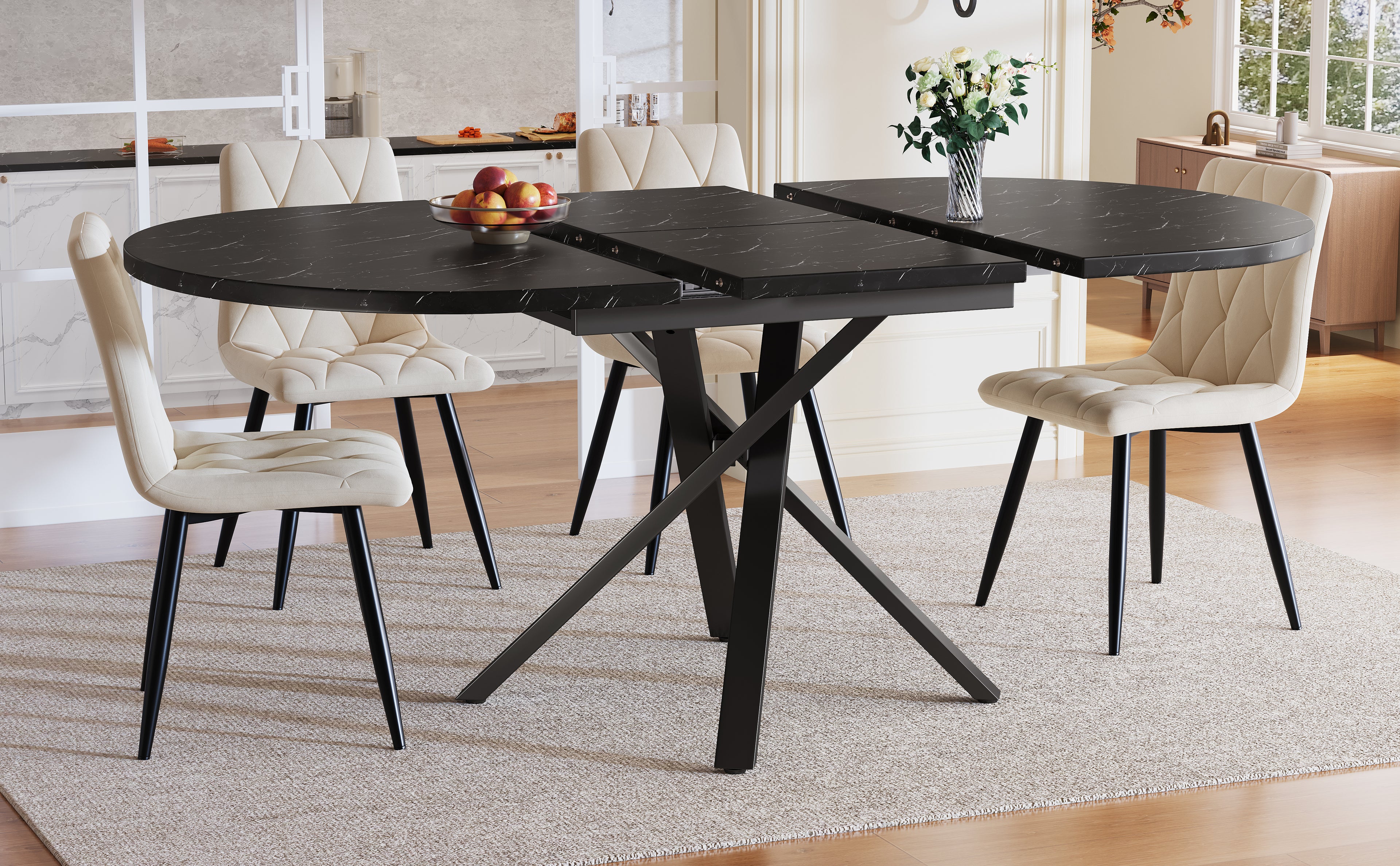 Round extendable table with marble look - 100 cm (extendable to 140 cm) x 75.5 cm high - With sturdy X-shaped metal frame in black - Ideal as a kitchen table or breakfast table