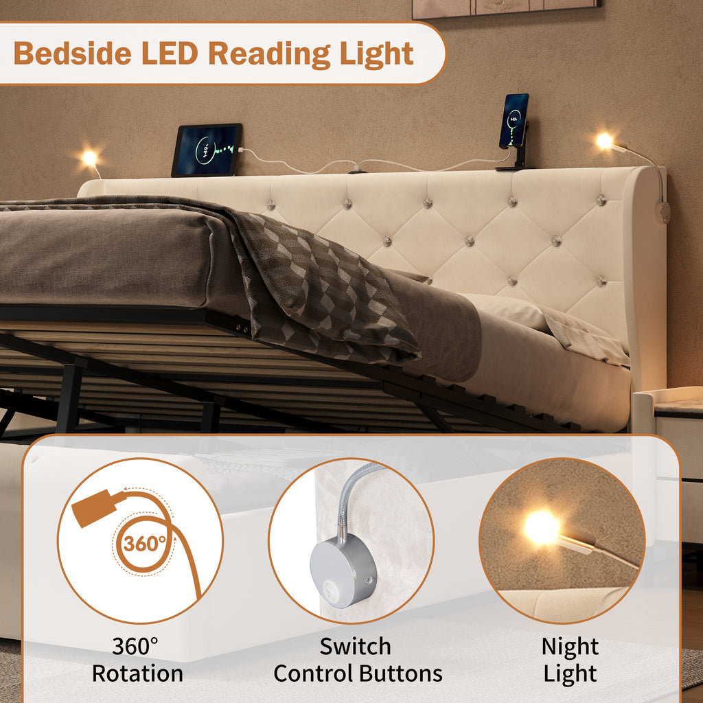 5ft King Upholstered Bed Frame with Hydraulic Storage,  Diamond Tufted Headboard with Charging Station and Reading Light, USB and Type - C Ports, Velvet, Beige (No Mattress)