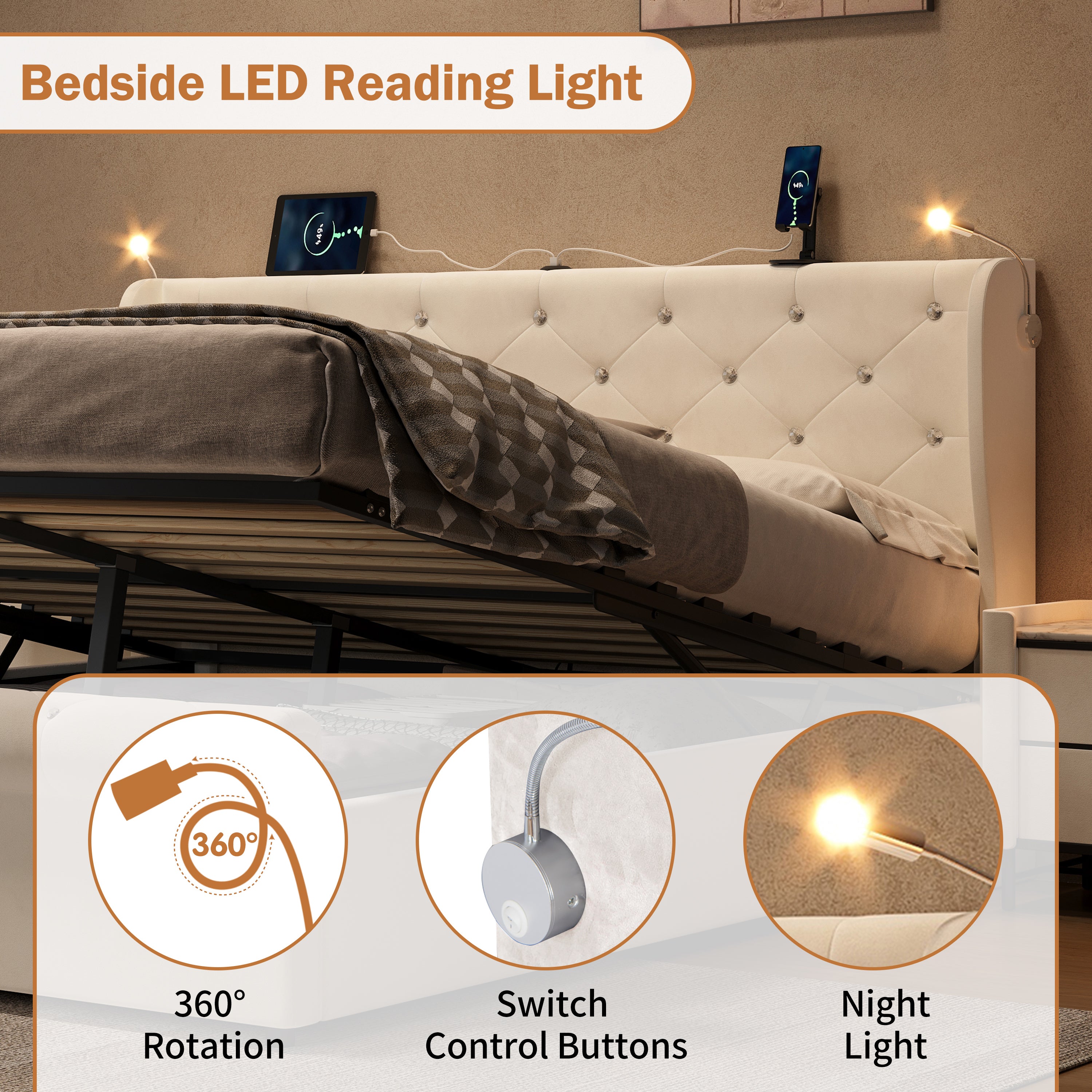 5ft King Upholstered Bed Frame with Hydraulic Storage,  Diamond Tufted Headboard with Charging Station and Reading Light, USB and Type - C Ports, Velvet, Beige (No Mattress)