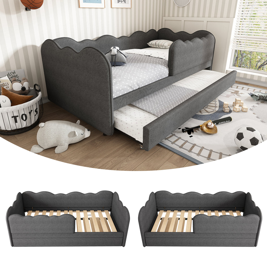 Upholstered Bed Daybed 90 x 190 cm, 3FT Single Bed with Pull out Trundle, Sofa Bed For Adults and Children, Single Daybed With Slatted Frame, Linen, Grey (No Mattress)