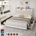 4ft6 Double Upholstered Bed with 4 Storage Drawers, LED Rivet  Storage Bed with Charging Station, Button Tufted Headboard with USB and Type-C Ports, No Box Spring Needed, Linen, Beige (No Mattress)
