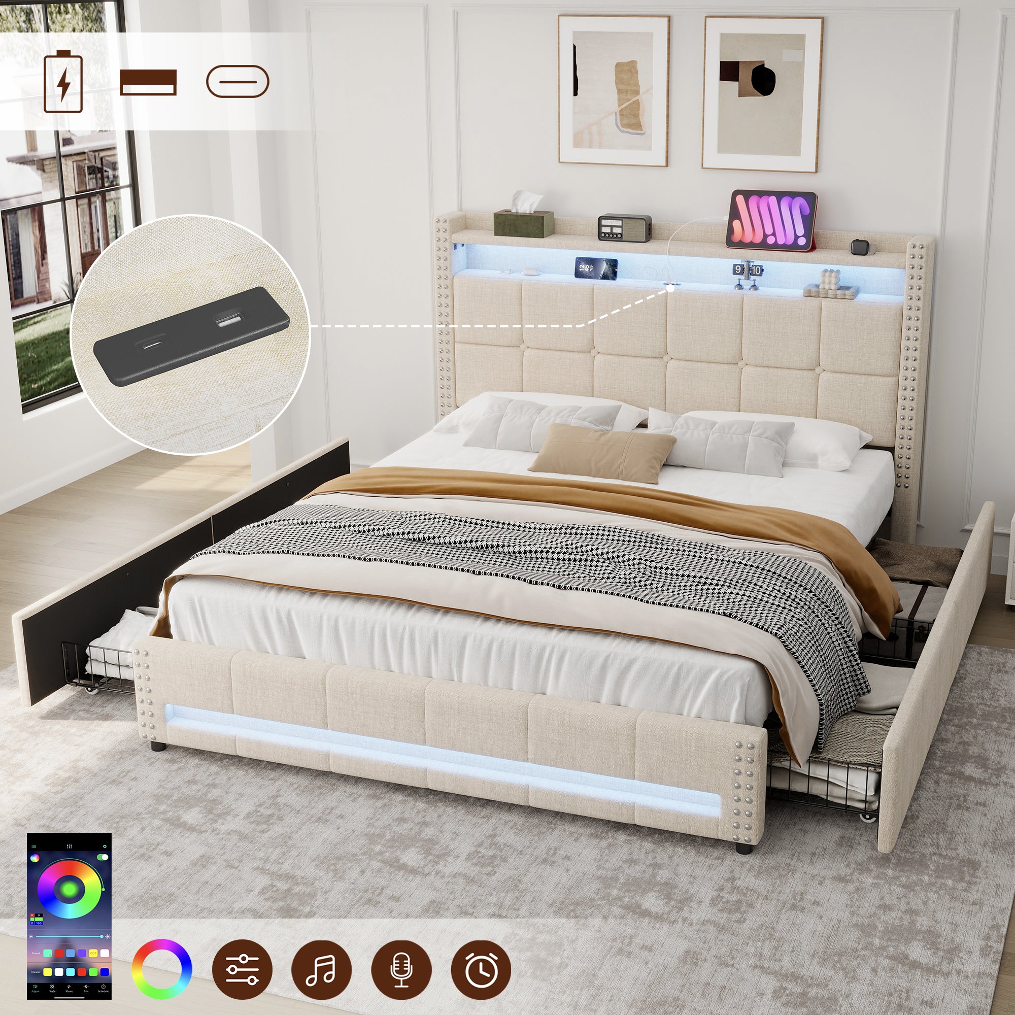 4ft6 Double Upholstered Bed with 4 Storage Drawers, LED Rivet  Storage Bed with Charging Station, Button Tufted Headboard with USB and Type-C Ports, No Box Spring Needed, Linen, Beige (No Mattress)