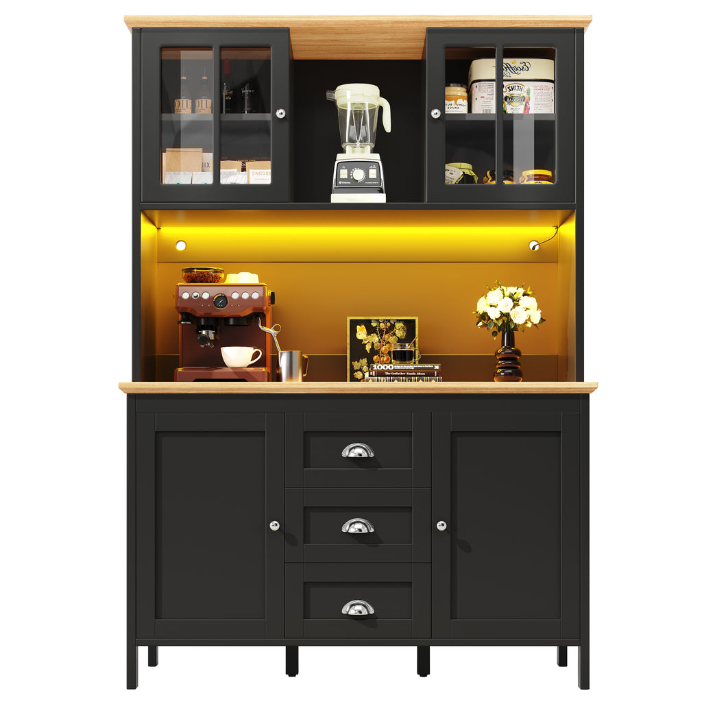 Sideboard, Storage Cabinet, Kitchen Cabinet, Tall Sideboard with LED Lighting, 120x40x179 cm, 4 Doors & 3 Drawers, White/Black