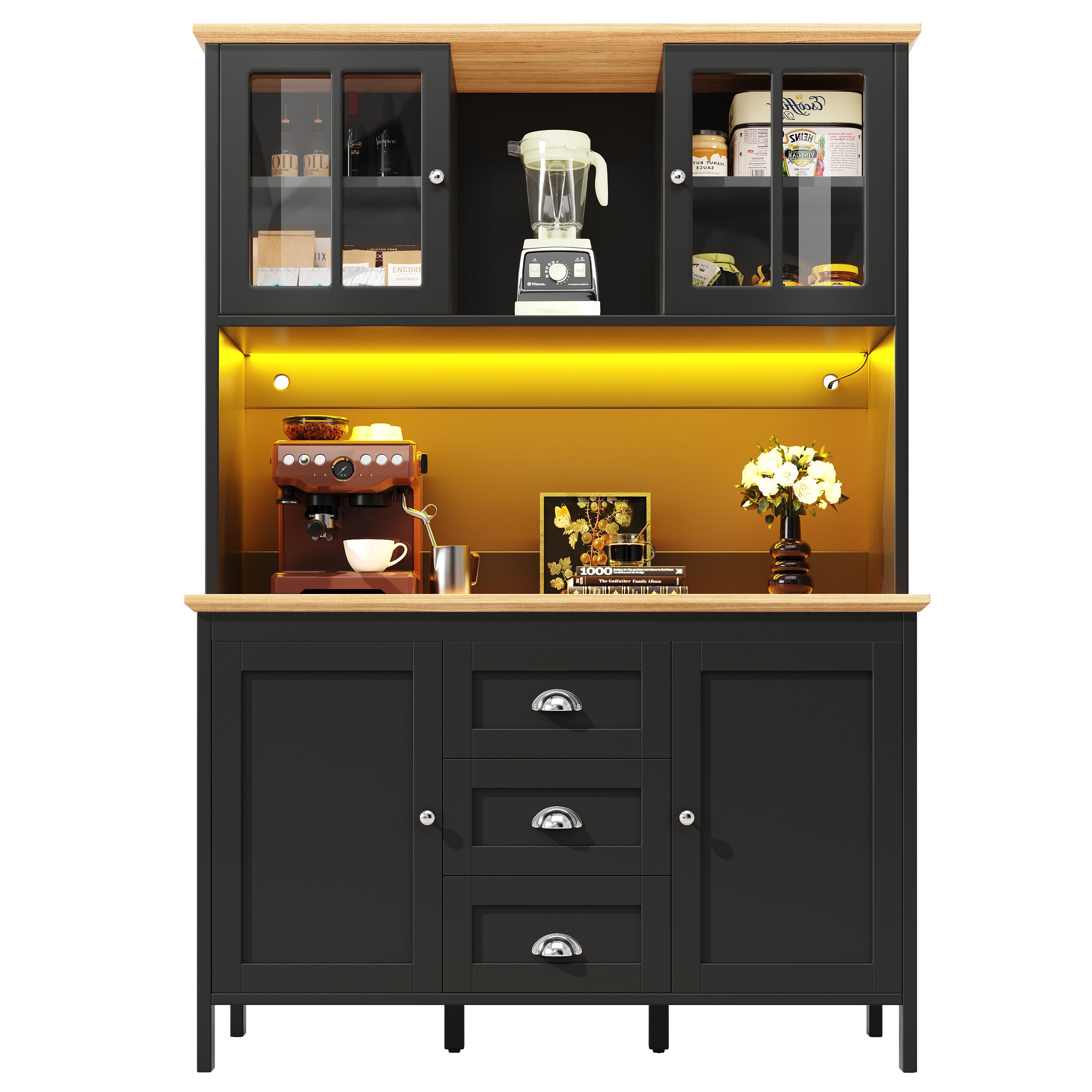 Sideboard, Storage Cabinet, Kitchen Cabinet, Tall Sideboard with LED Lighting, 120x40x179 cm, 4 Doors & 3 Drawers, White/Black