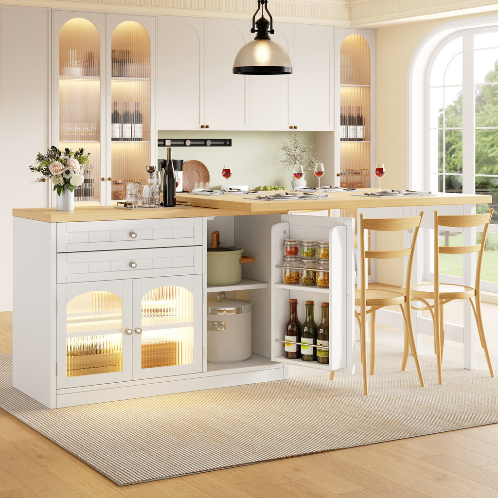 Extendable kitchen island dining table 120–194cm, 360° rotating tabletop, with glass doors, drawers & door snack shelves, white
