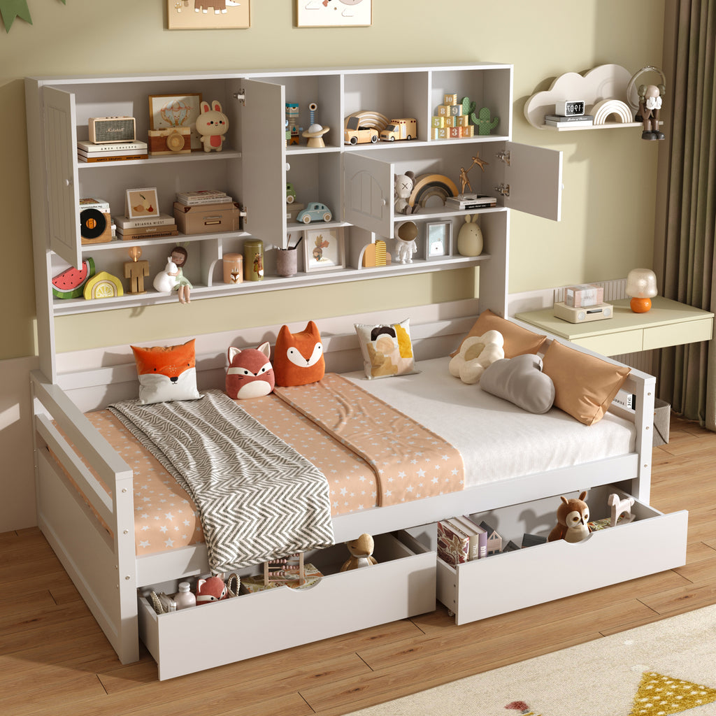 3ft Single Bed with Two Storage Drawers and Bookcase headboard, Wooden Bed Frame with Storage and Guardrail, Space-Saving Design for Bedroom, Dorm and Study Room, White (No Mattress)