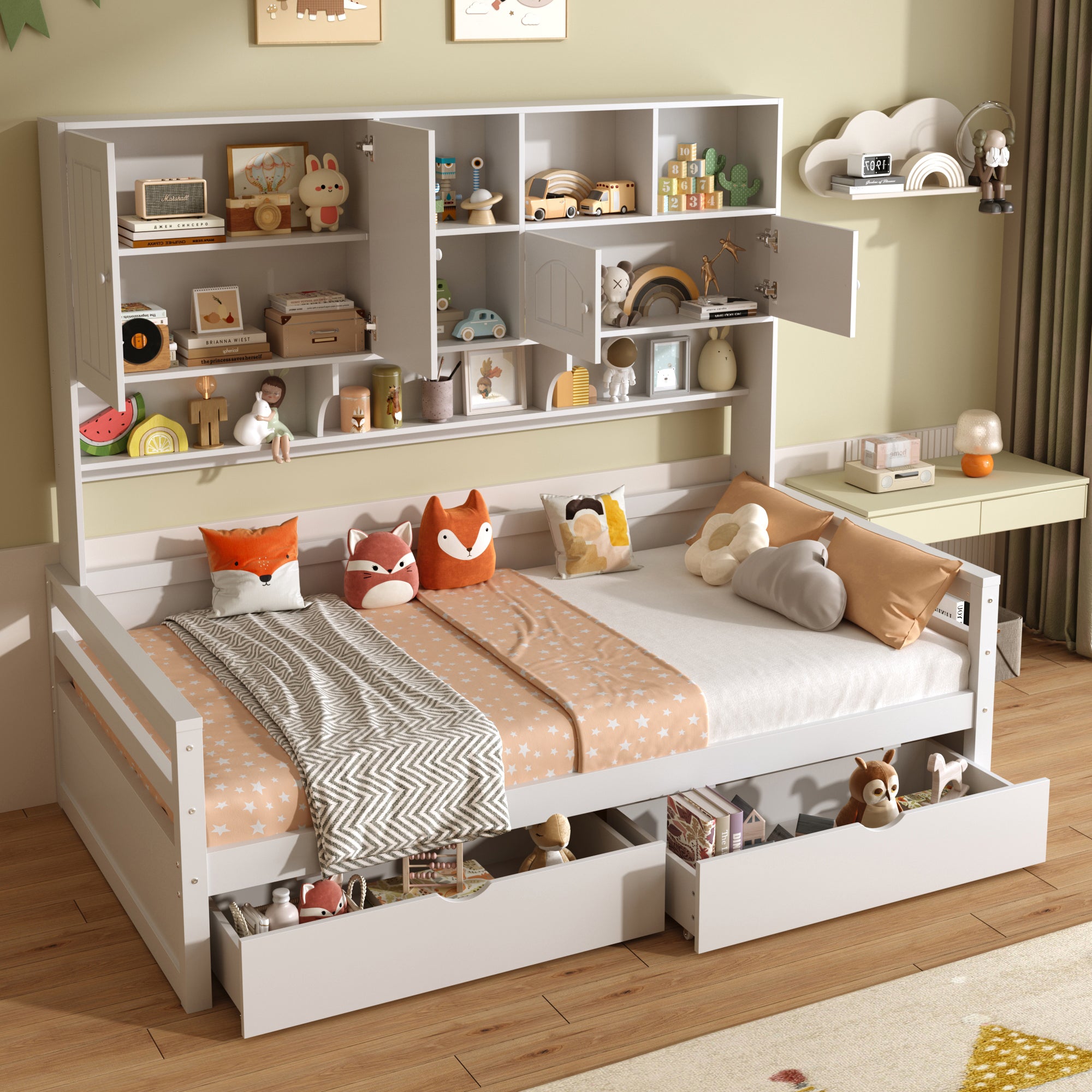 3ft Single Bed with Two Storage Drawers and Bookcase headboard, Wooden Bed Frame with Storage and Guardrail, Space-Saving Design for Bedroom, Dorm and Study Room, White (No Mattress)