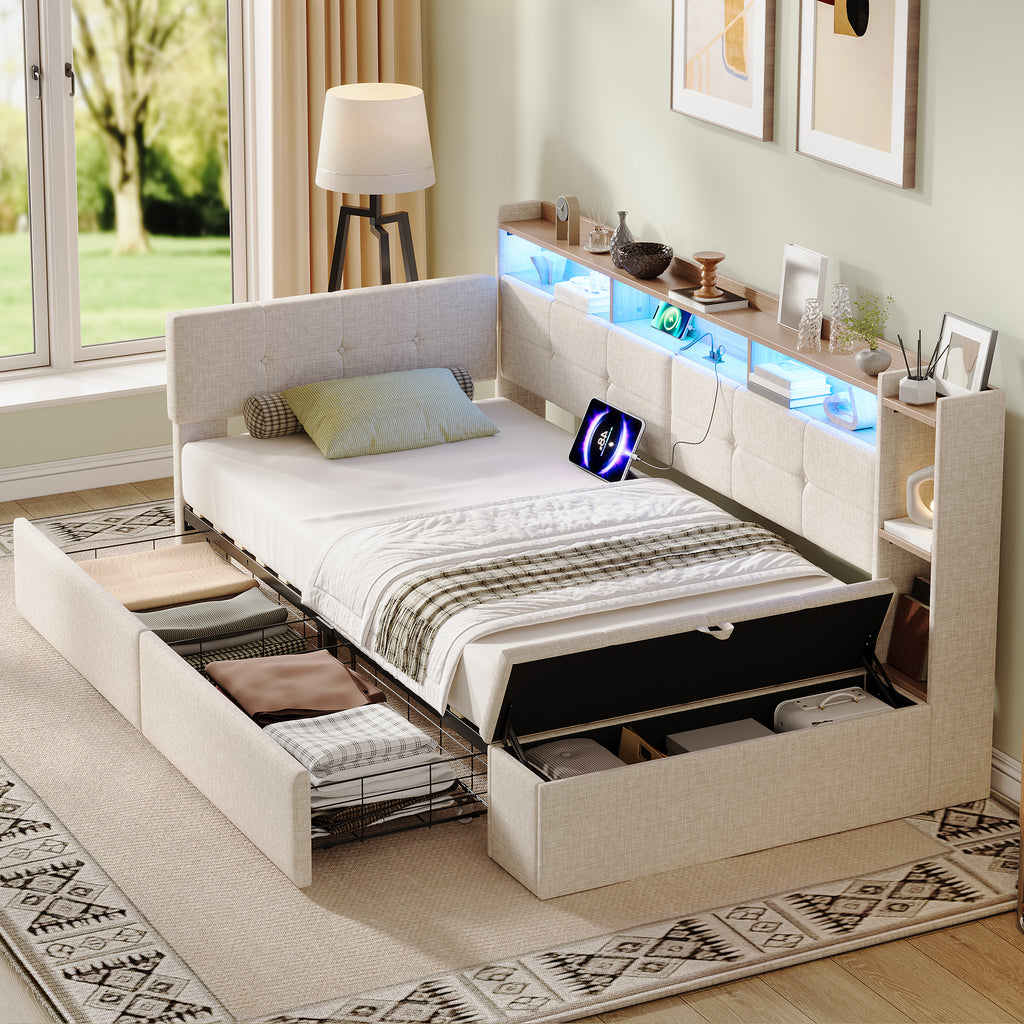 3ft Single LED Daybed with Storage Drawers and Bed End Ottoman Storage, Modern Linen Sofa Bed with Charging Station for Living Room/ Bedroom/ Study Room, 90X190cm, Beige (No Mattress)