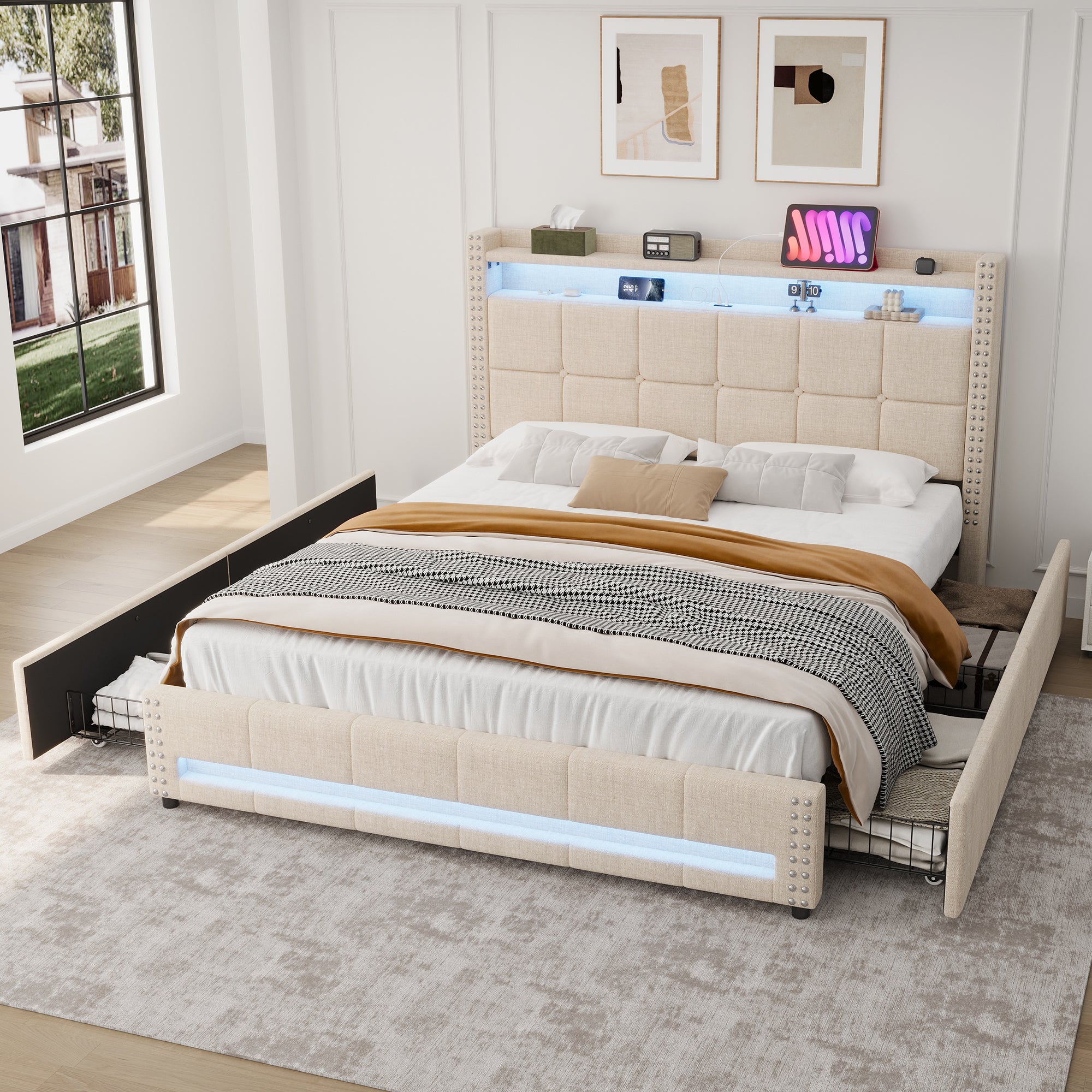 4ft6 Double Upholstered Bed with 4 Storage Drawers, LED Rivet  Storage Bed with Charging Station, Button Tufted Headboard with USB and Type-C Ports, No Box Spring Needed, Linen, Beige (No Mattress)