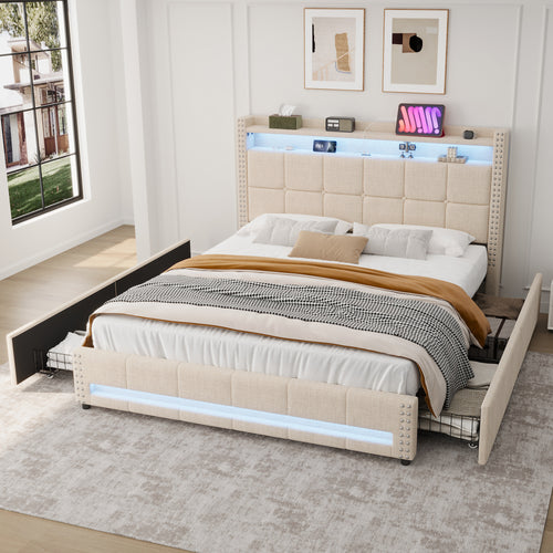 4ft6 Double Upholstered Bed with 4 Storage Drawers, LED Rivet  Storage Bed with Charging Station, Button Tufted Headboard with USB and Type-C Ports, No Box Spring Needed, Linen, Beige (No Mattress)