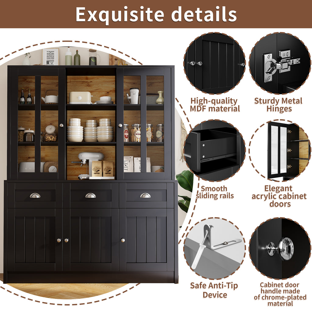 Tall Cabinets for Living Room (140×38.5×175cm), Display Cabinet, Kitchen Cabinet, Dining Room Cabinet with Drawers, Modern Minimalist Tall Cabinet, Freestanding Display Cabinet, Black