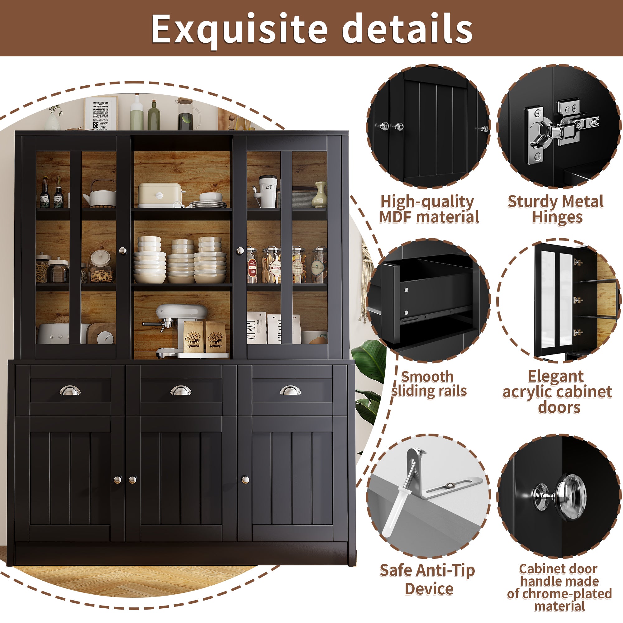 Tall Cabinets for Living Room (140×38.5×175cm), Display Cabinet, Kitchen Cabinet, Dining Room Cabinet with Drawers, Modern Minimalist Tall Cabinet, Freestanding Display Cabinet, Black