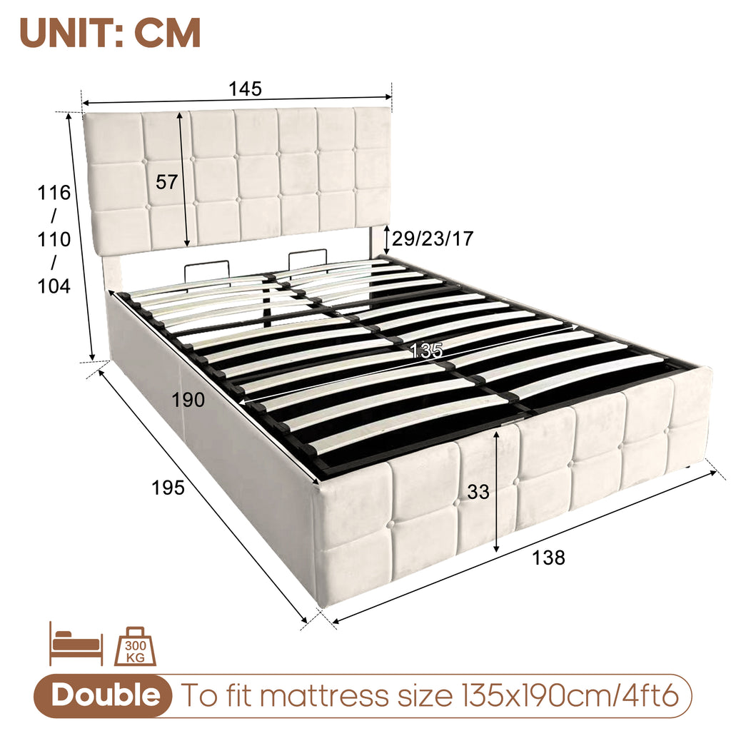 Double Upholstered Storage Bed Frame, Velvet Ottoman Bed with Hydraulic Storage, Double Bed with Adjustable Button Tufted Headboard, Metal-Wood Support, No Mattress, Beige