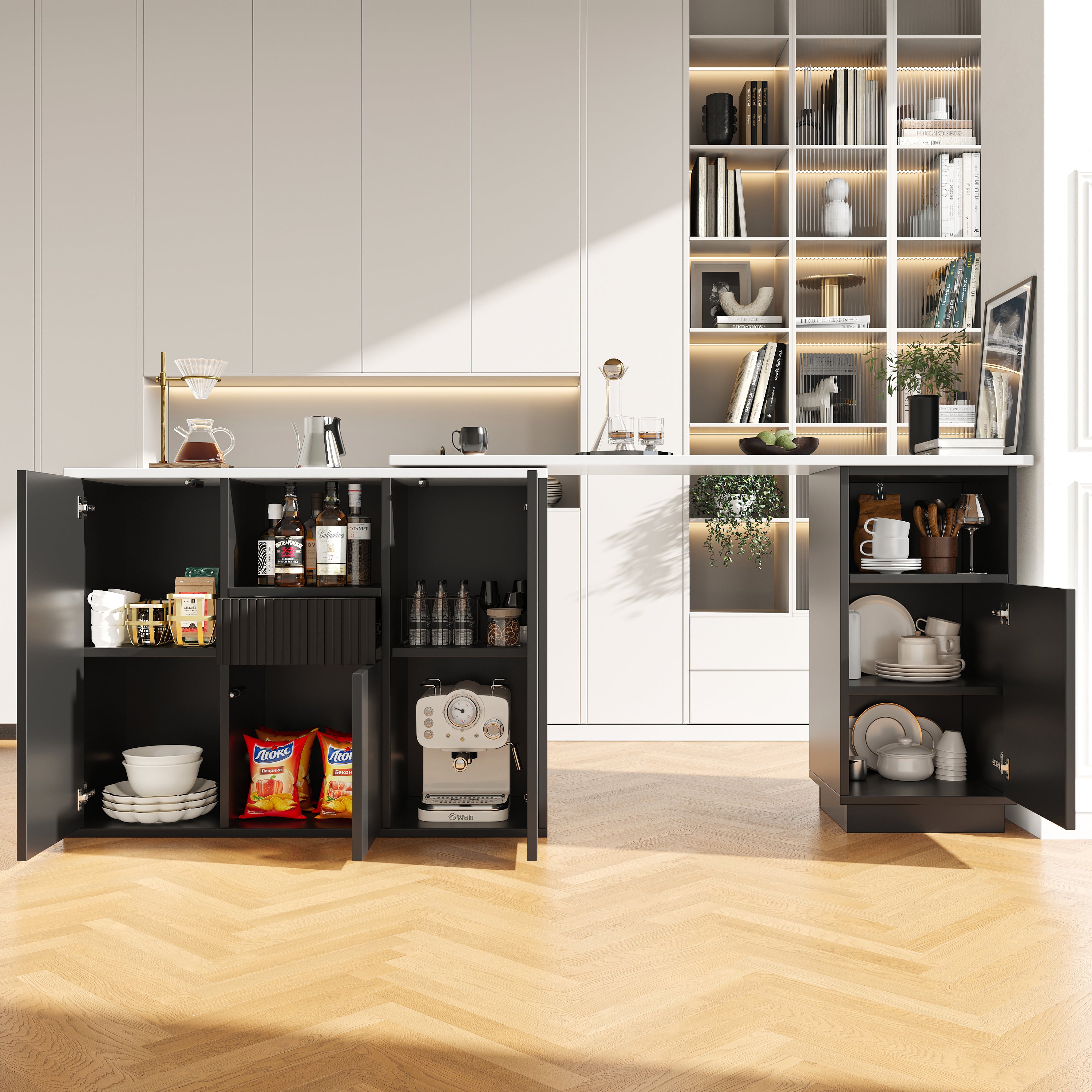 360° swivelling bar table (main body 198.5 x 30 x 75 cm), modern and sleek design, with open storage space and marble worktop, suitable for kitchen, living room and dining room, black