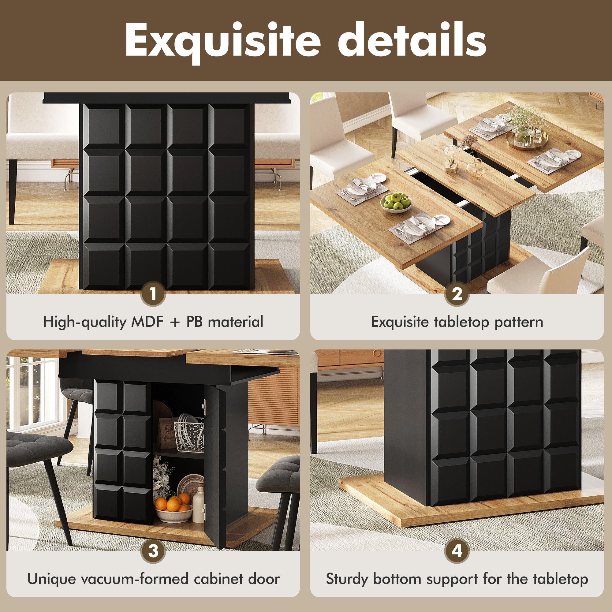 Telescopic dining table (110-140×80cm), foldable kitchen table for 4-6 people, extendable dining table, space-saving kitchen table, for kitchen and living room, table with a checked pattern