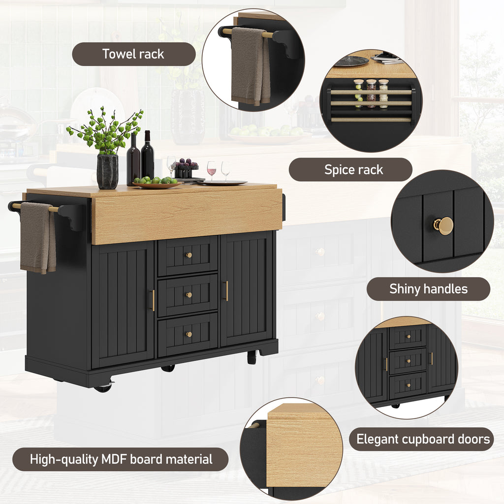 Kitchen island, cabinet, sideboard 120 x 40 (80) x 95 cm, extendable kitchen trolley with casters, extendable on both sides, with towel rail and spice rack, two doors, three drawers, black/white