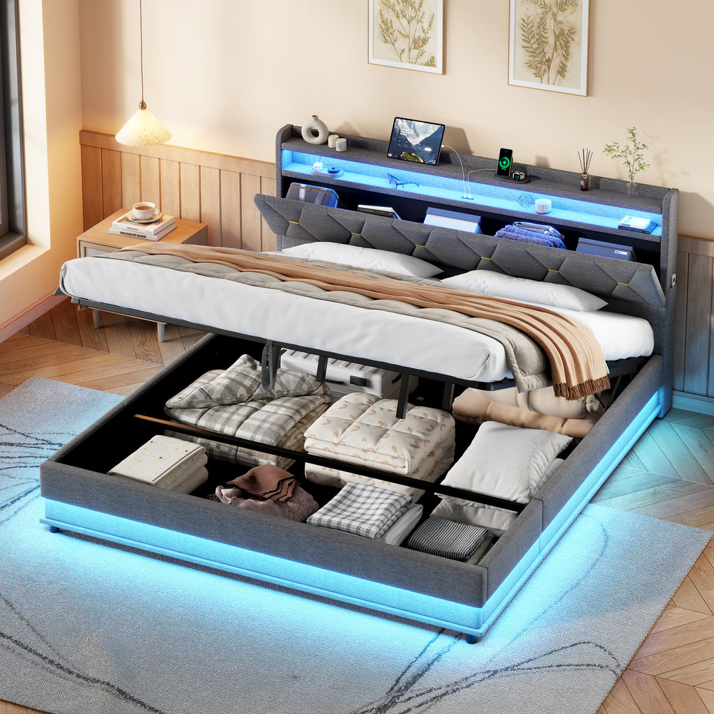 6ft Super King Upholstered Bed Frame with Hydraulic Storage,  LED Headboard with Charging Station and Concealed Headboard Storage, USB and Type - C Ports, Linen,  Grey (No Mattress)