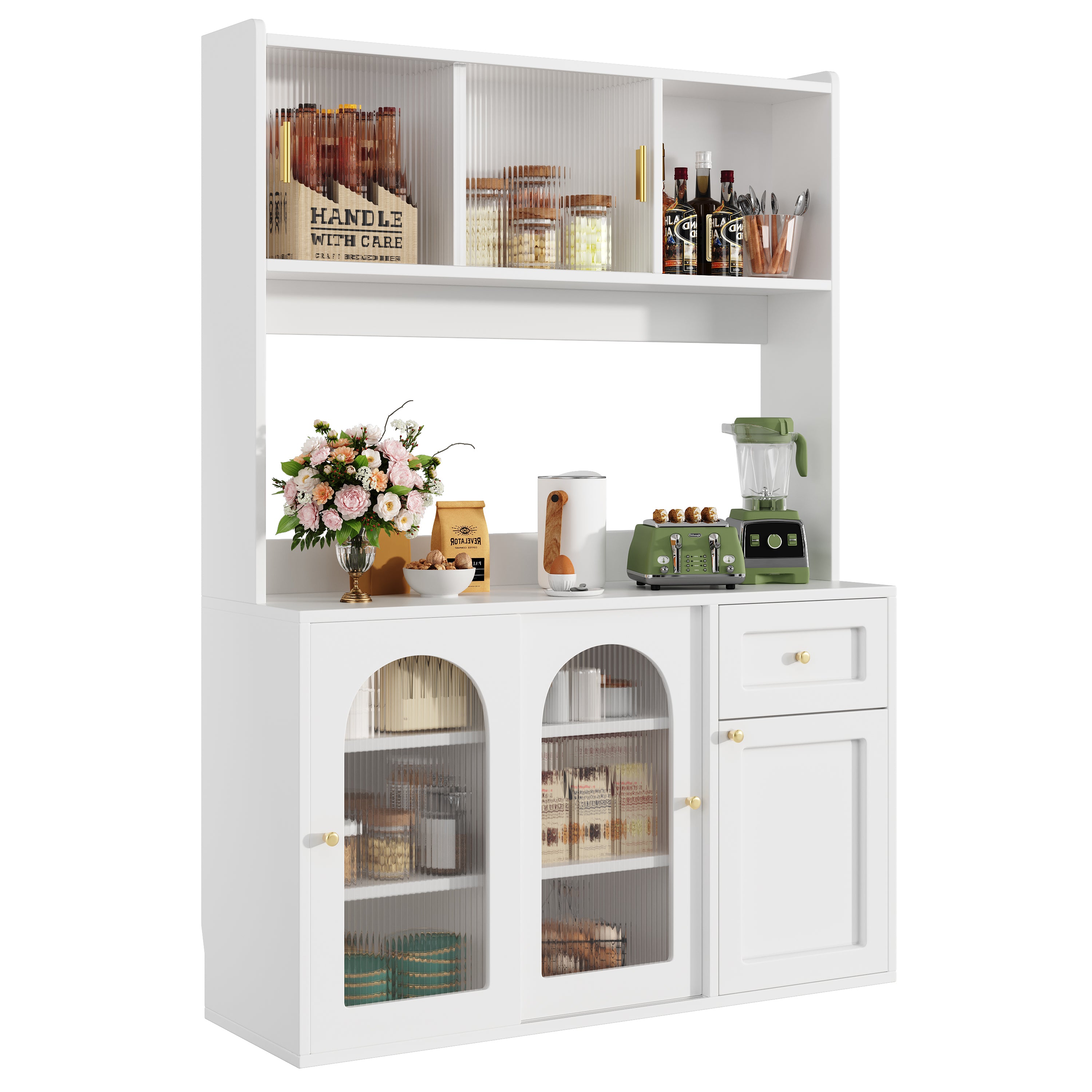 Kitchen Cabinet(120*35*167cm), Tall Cabinet, Display Cabinet, Buffet Cabinet with Adjustable Shelves, Dining Room Cabinet, Sideboard with LED Lighting, White/Black