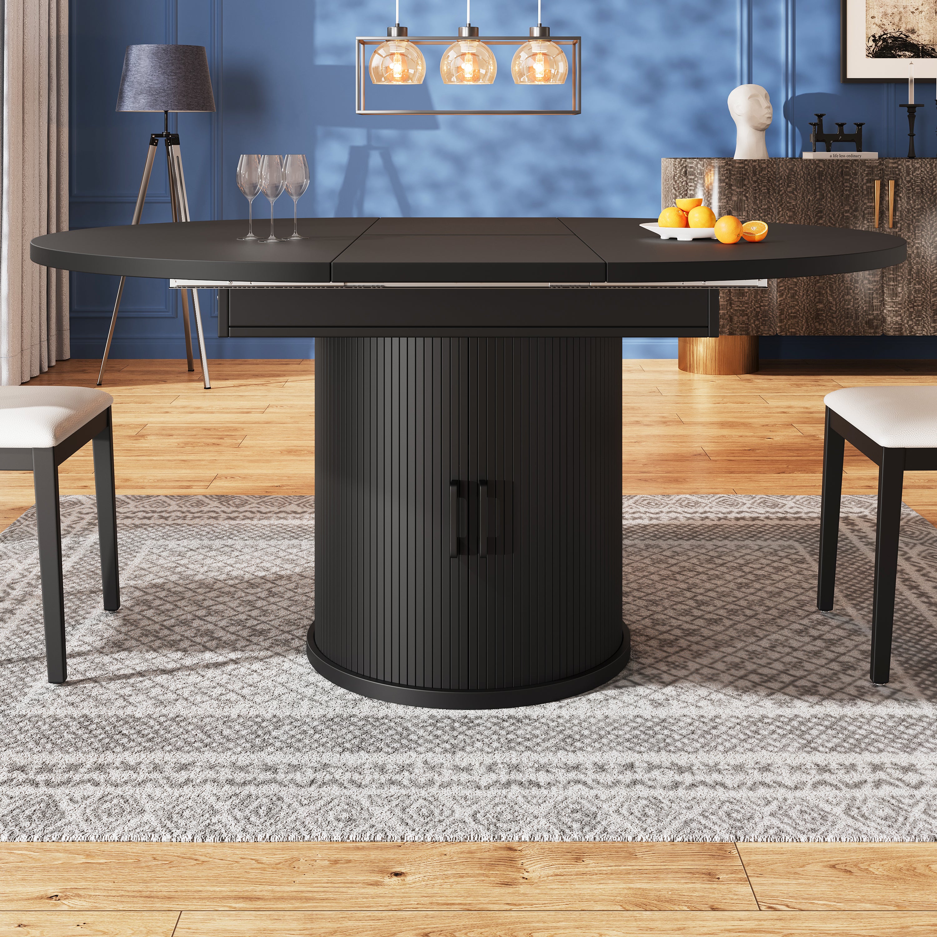 Extendable dining table, dining room table, kitchen table, balcony table, extendable table top Round dining table, extends to oval, 118–158 cm, seats up to 6 people, walnut/black