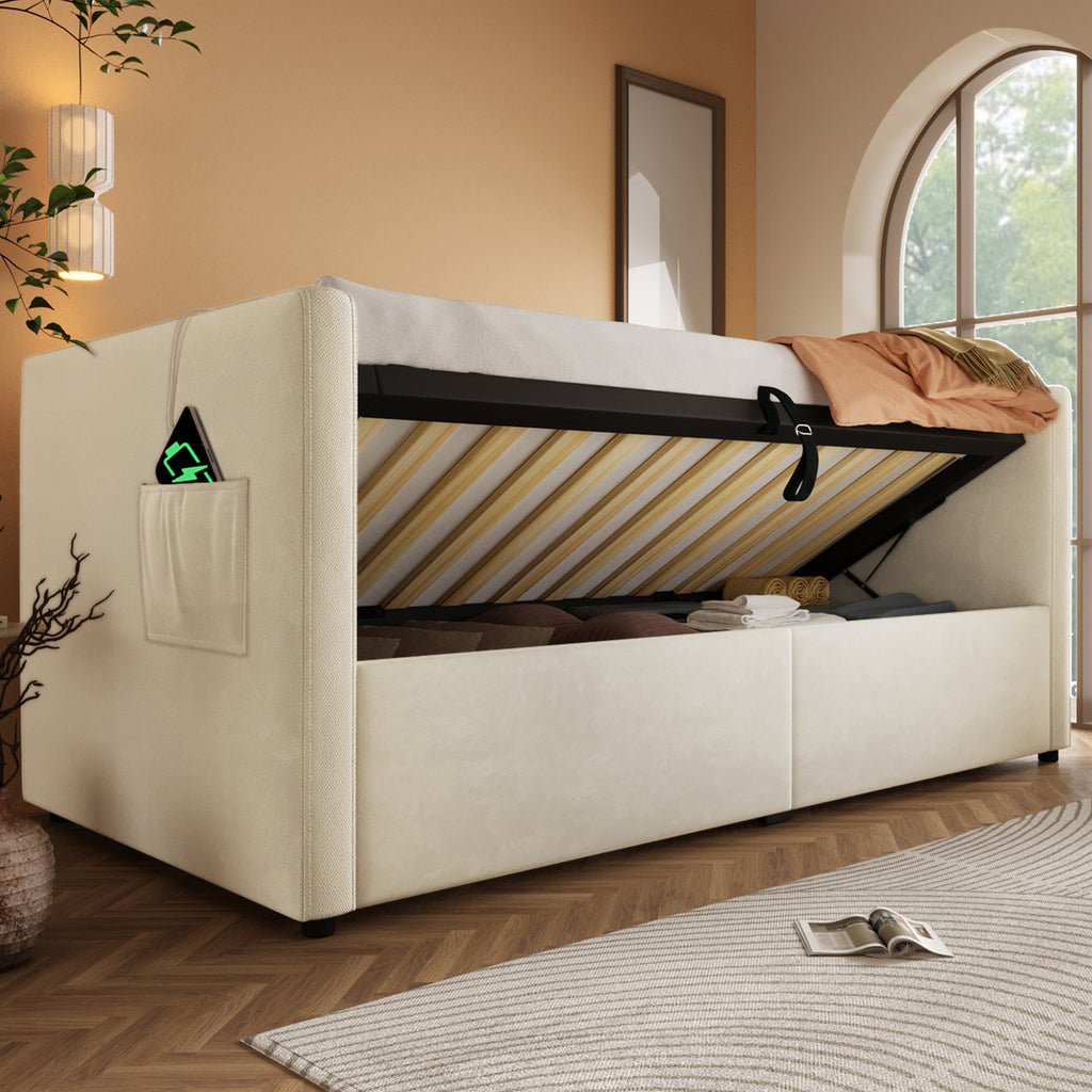 Daybed Upholstered Bed 90 x 190 cm, 3FT Single Sofa Bed with USB &Type-C Charging Station,  Hydraulic Storage Bed for Living Room and Bedroom, Velvet, Beige (No Mattress)
