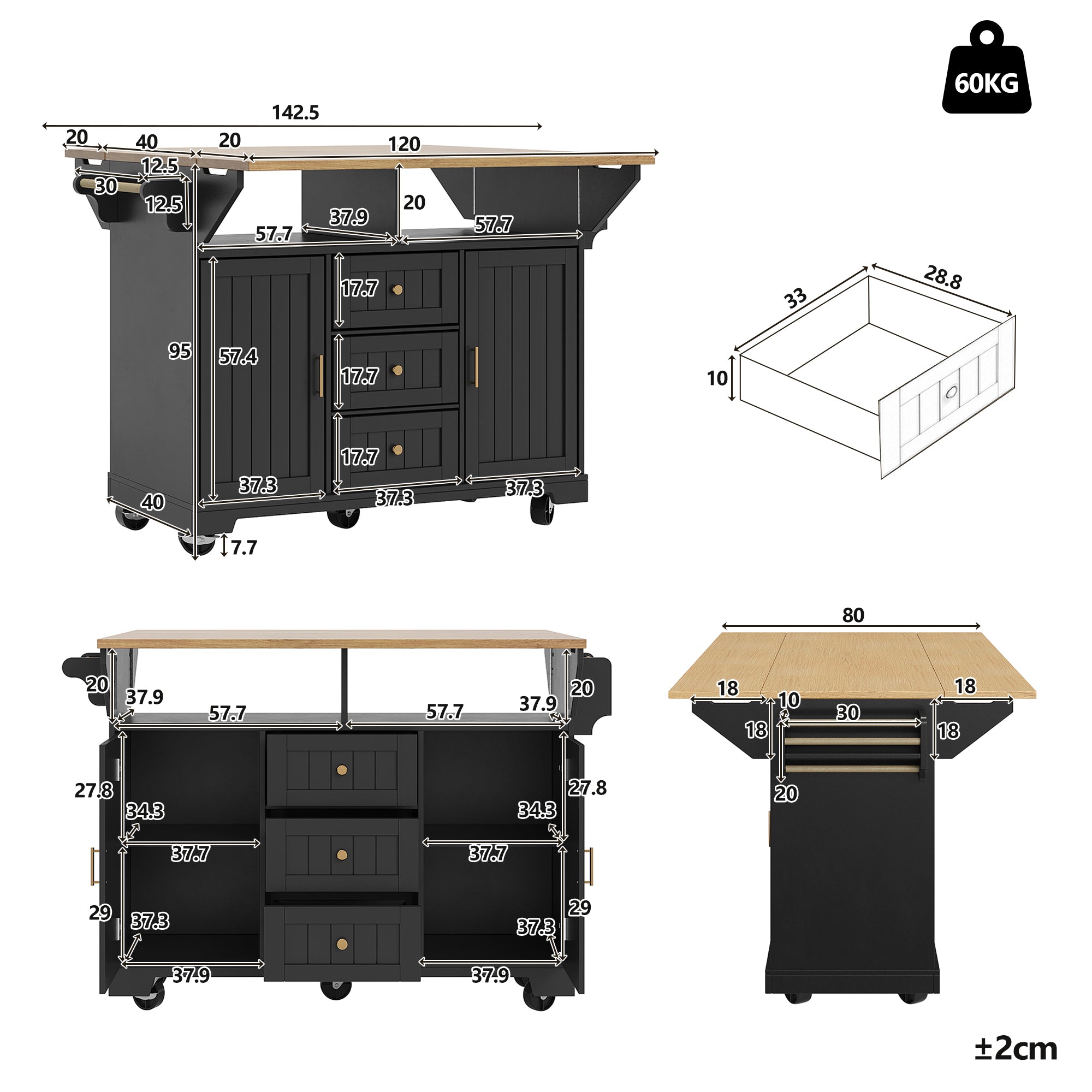 Kitchen island, cabinet, sideboard 120 x 40 (80) x 95 cm, extendable kitchen trolley with casters, extendable on both sides, with towel rail and spice rack, two doors, three drawers, black/white