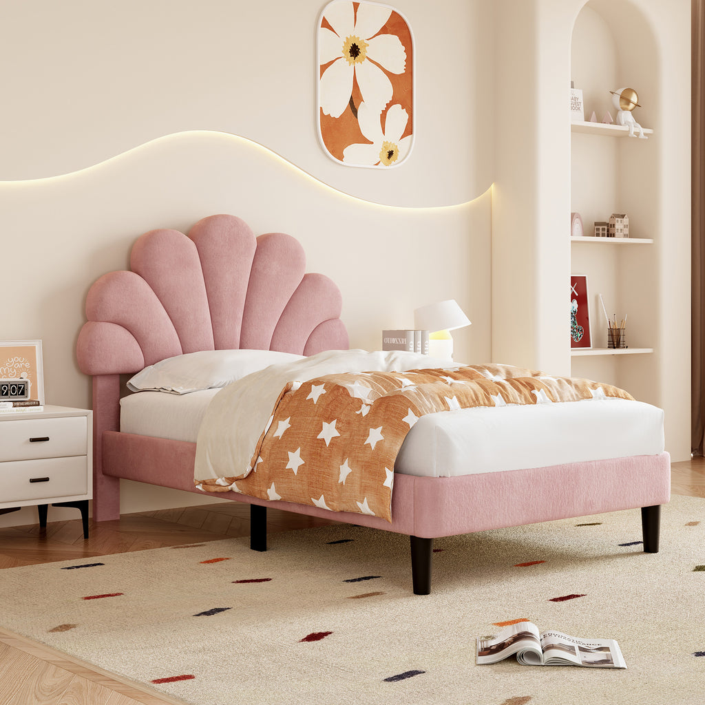 3ft Single Upholstered Velvet Bed Frame, with Adjustable Chic Petal Headboard, Velvet Platform Bed Frame with Solid Wood Slat, No Box Spring Needed, Easy Assembly, Pink