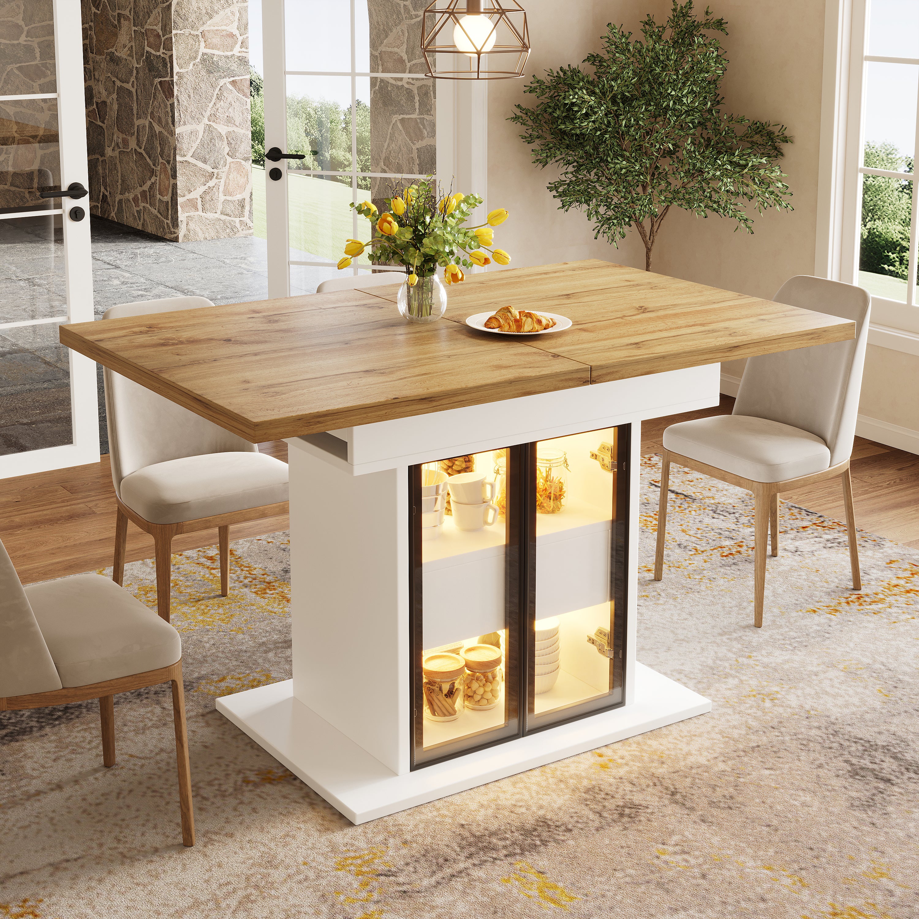 Extendable dining table with storage space & RGB LED lighting, 110–140cm, glass sliding doors & concealed push handles, white/black