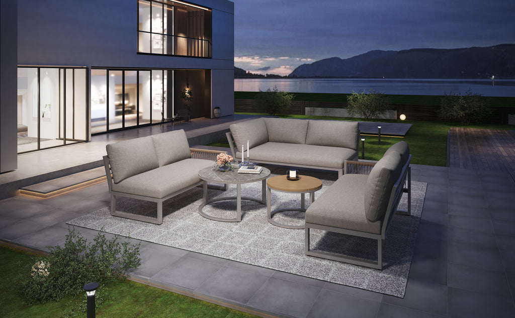 Outdoor garden lounge set, furniture set for 6-7 people, corner sofa with galvanized iron frame, adjustable legs, includes all seat and back cushions, beige