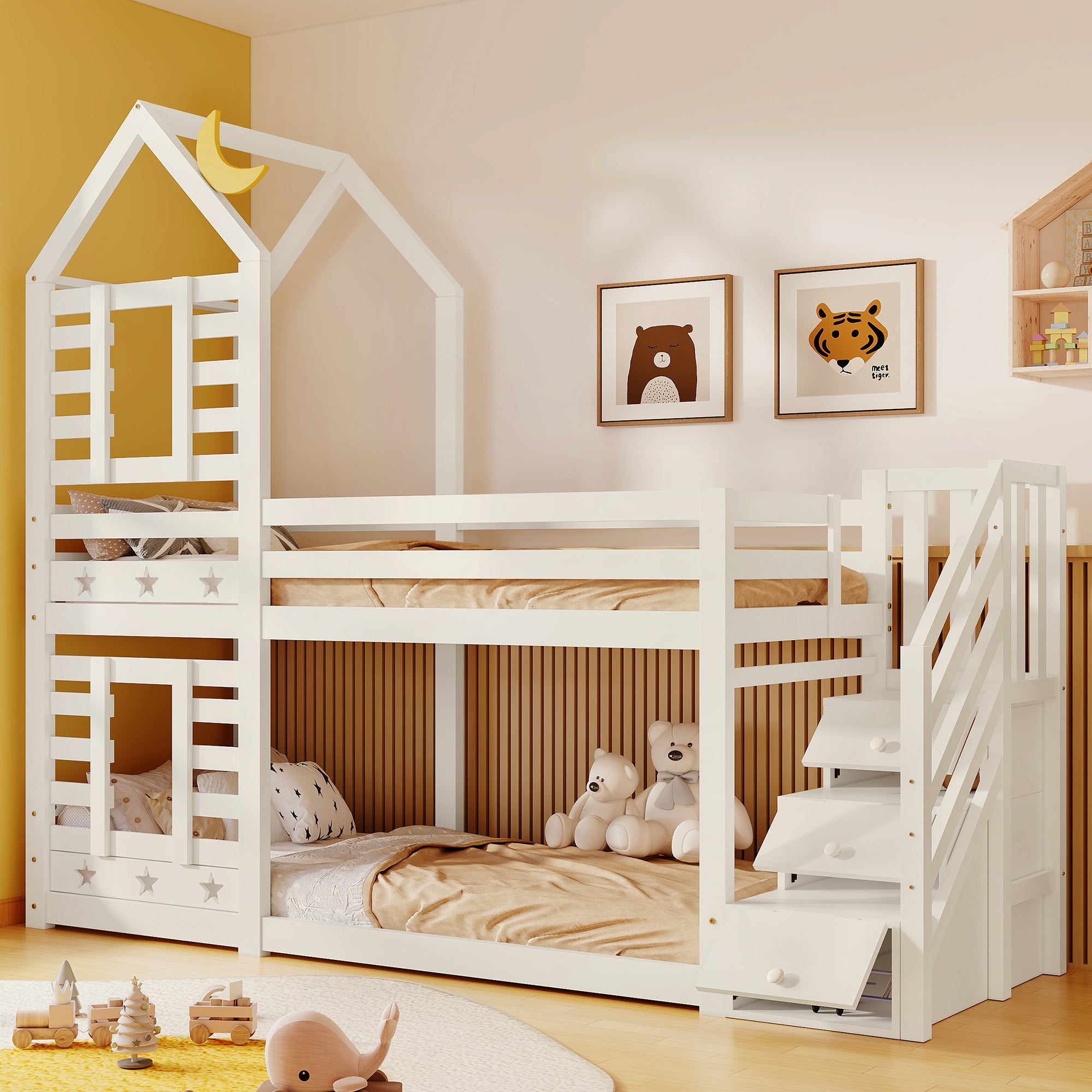 Bunk Bed Storage Children Cabin Bed Single Bed with Window for Kids, Twin Sleeper 190x90 cm, Solid Pine Wood,3FT -White(=SKU:TT30352678W)