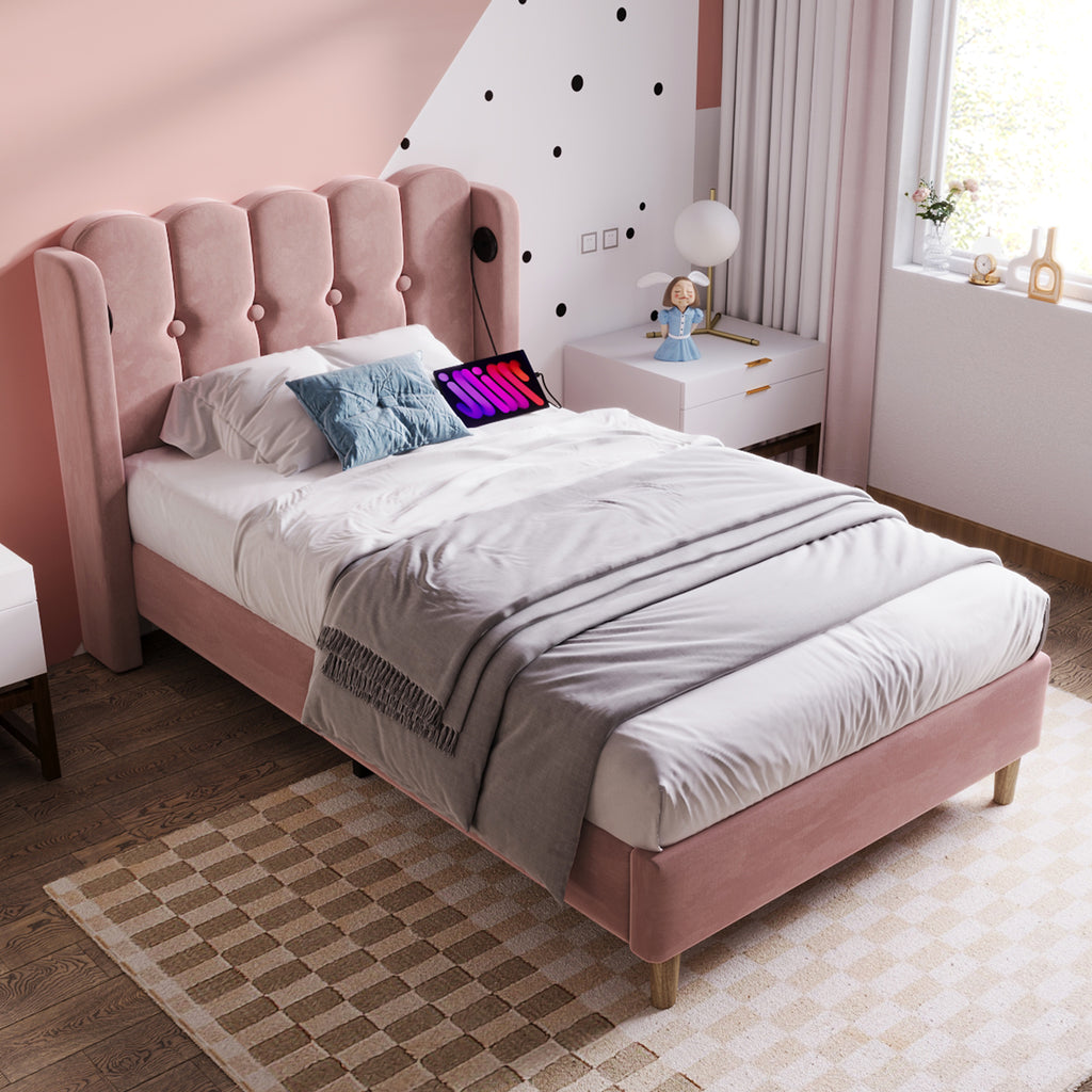 Upholstered Single Bed with USB and Type-C Charging, Bed Frame with Wooden Slatted Frame, Teenager Bed for Bedroom & Guest Room,3ft 90x 190 cm Bed Frame, Pink, Velvet Material (No Mattress).