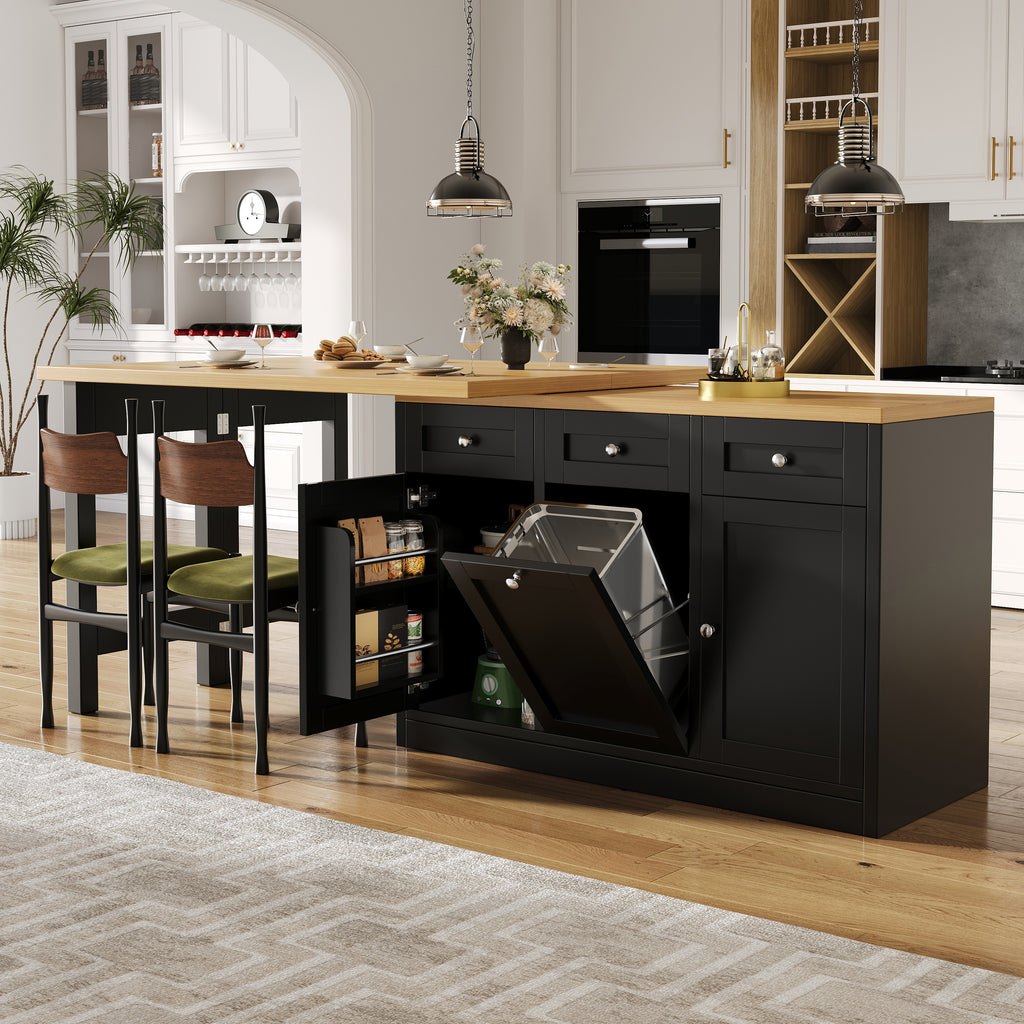 Extendable bar table with storage space, fold-out dining table with drawer and snack tray, pull-out bin holder (bin not included), space-saving design for small flats, kitchens, balconies,
Black